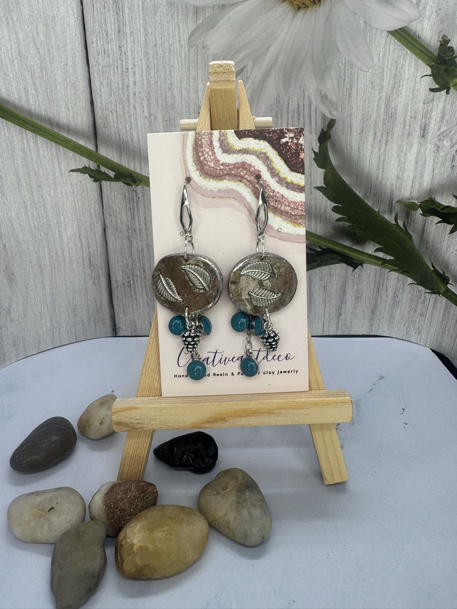 Turquoise and Eggcorn Clay Leaf earrings