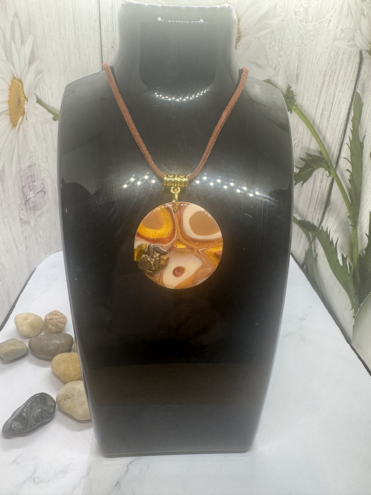 Handcrafted Geo Faux Stone Clay and Tiger Eye Pendant