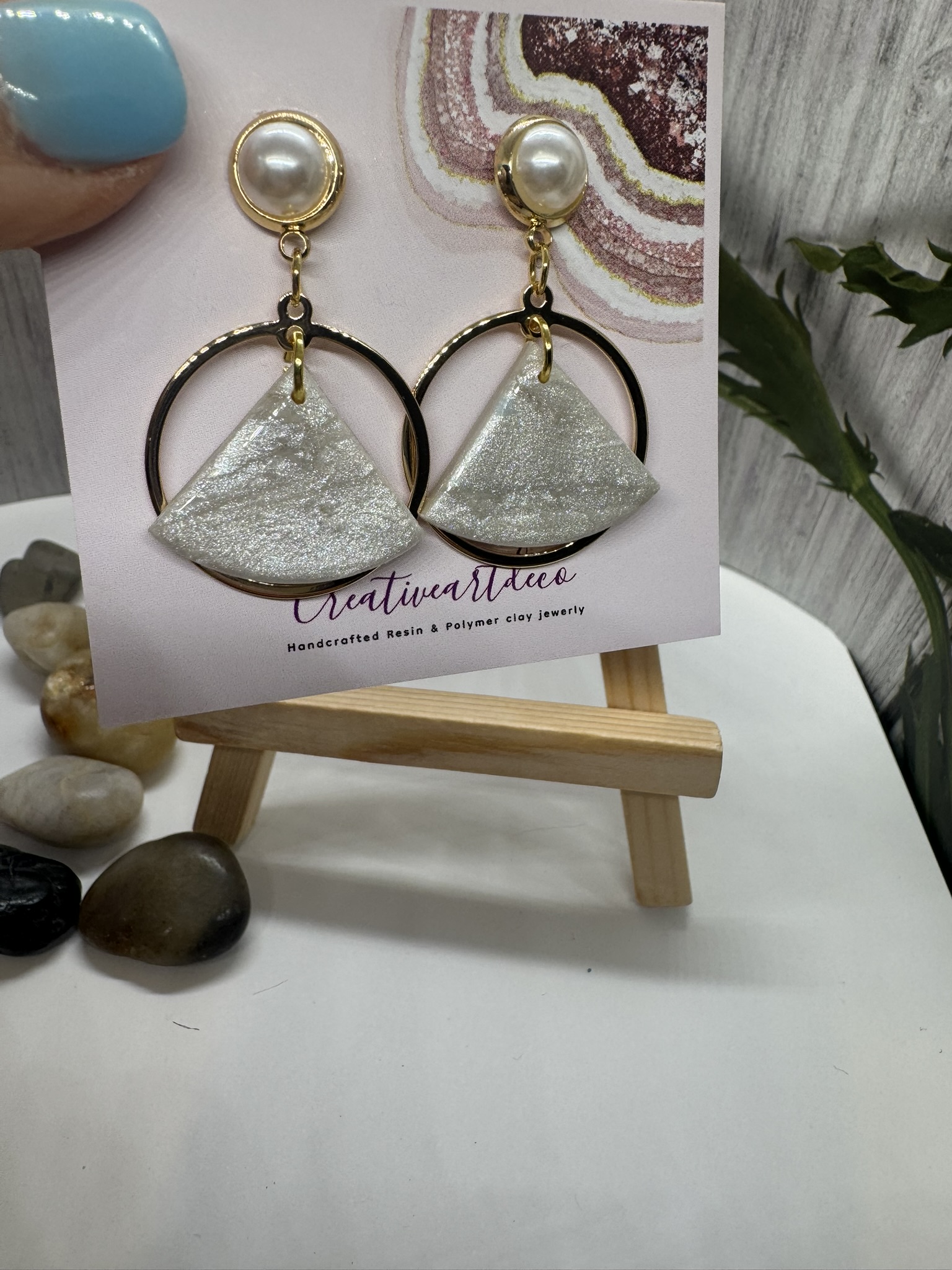 Geometric Faux Moonstone and Faux Pearl Dangles