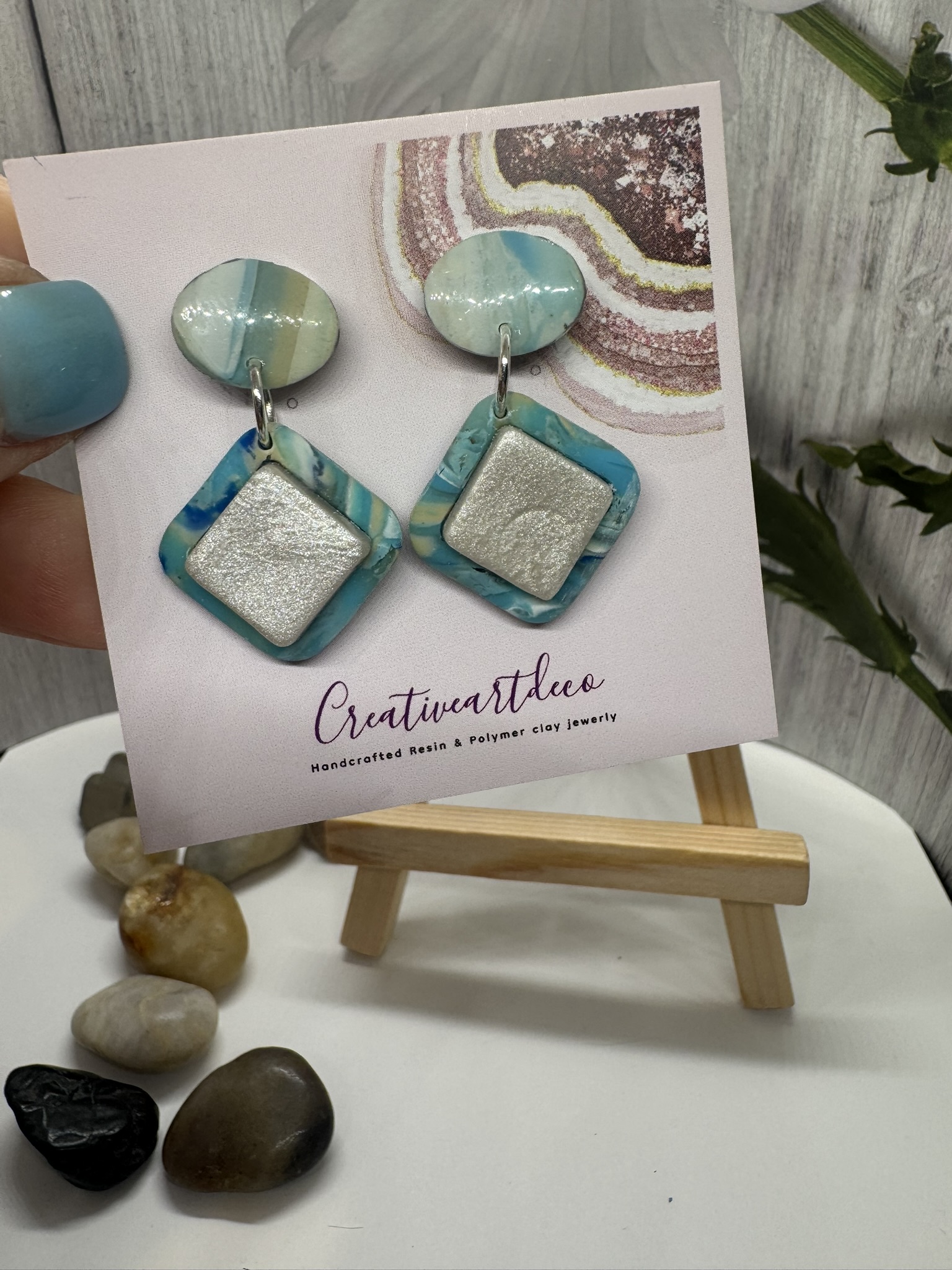 Bezel Set Faux Blue Scheelite and Faux Moonstone Insert Geometric Earrings