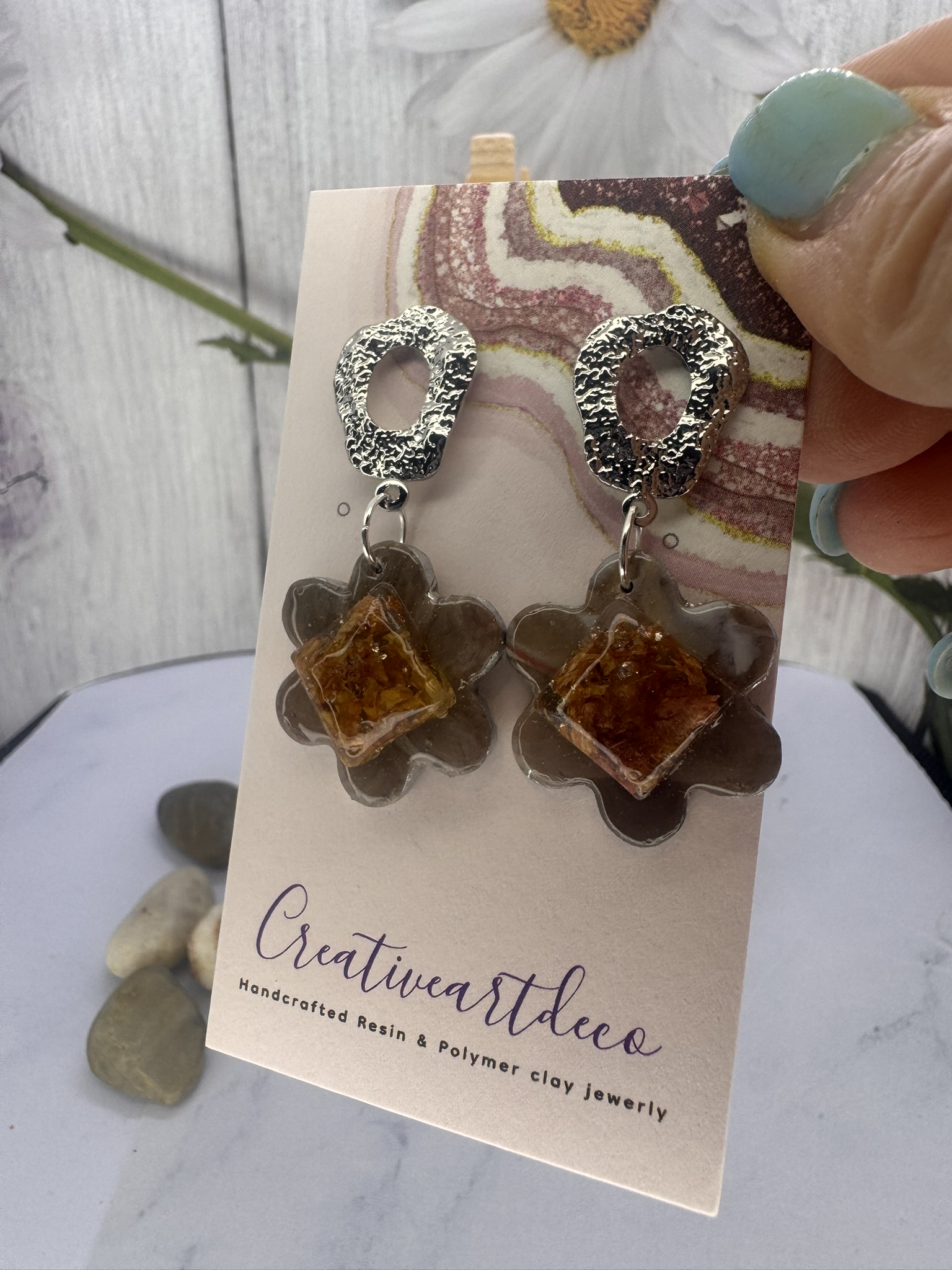 Faux Stone Flower with Dried Flowers and Resin Earrings