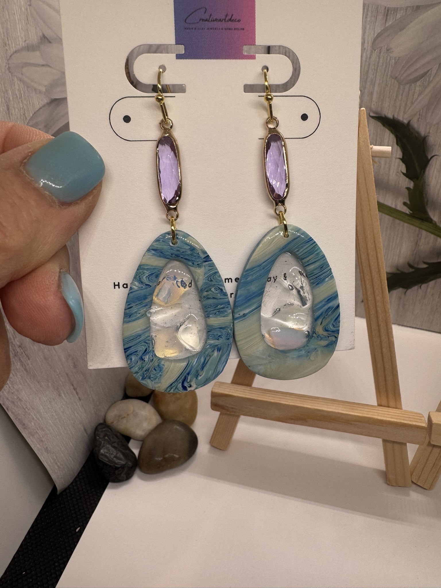 Oval Faux Blue Scheelite with Genuine Moonstone in Resin with Glass Beads