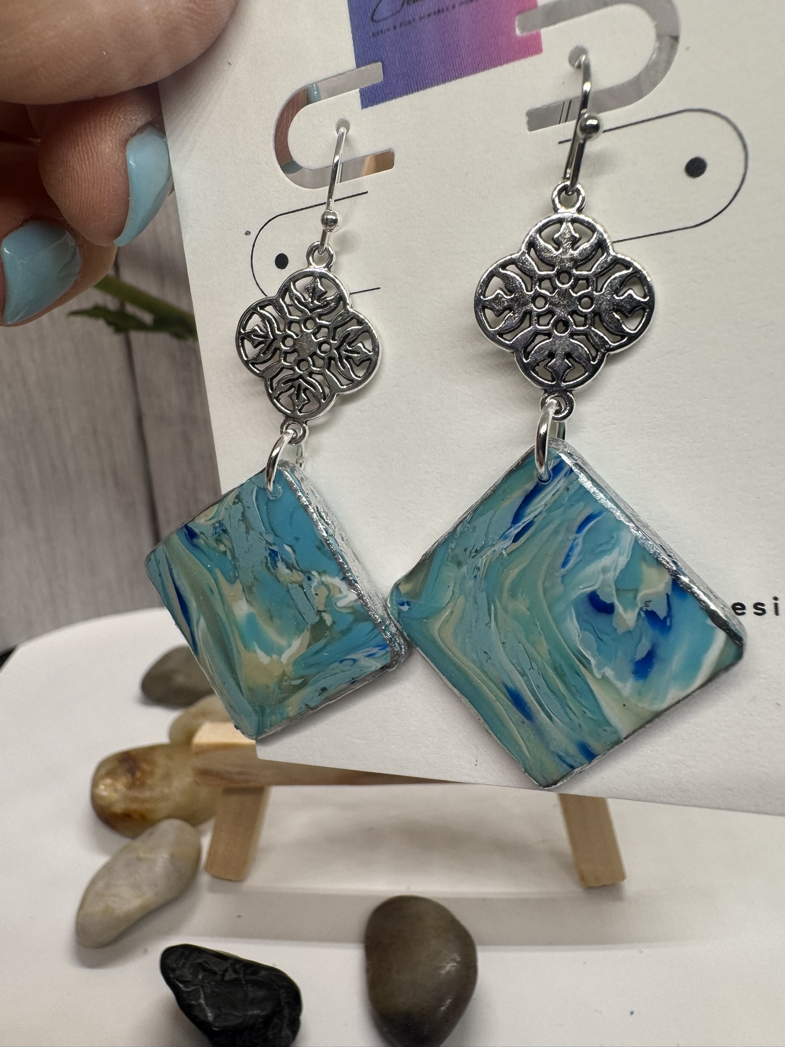 Square Blue Scheelite and Silver Encased Dangles