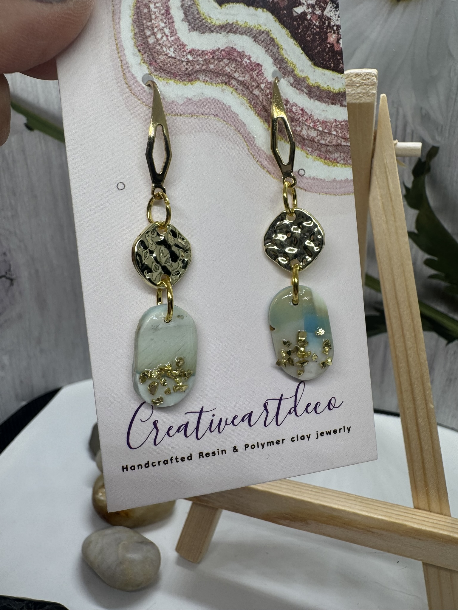 Dainty Gold tone Blue Scheelite and Crushed Glass accents