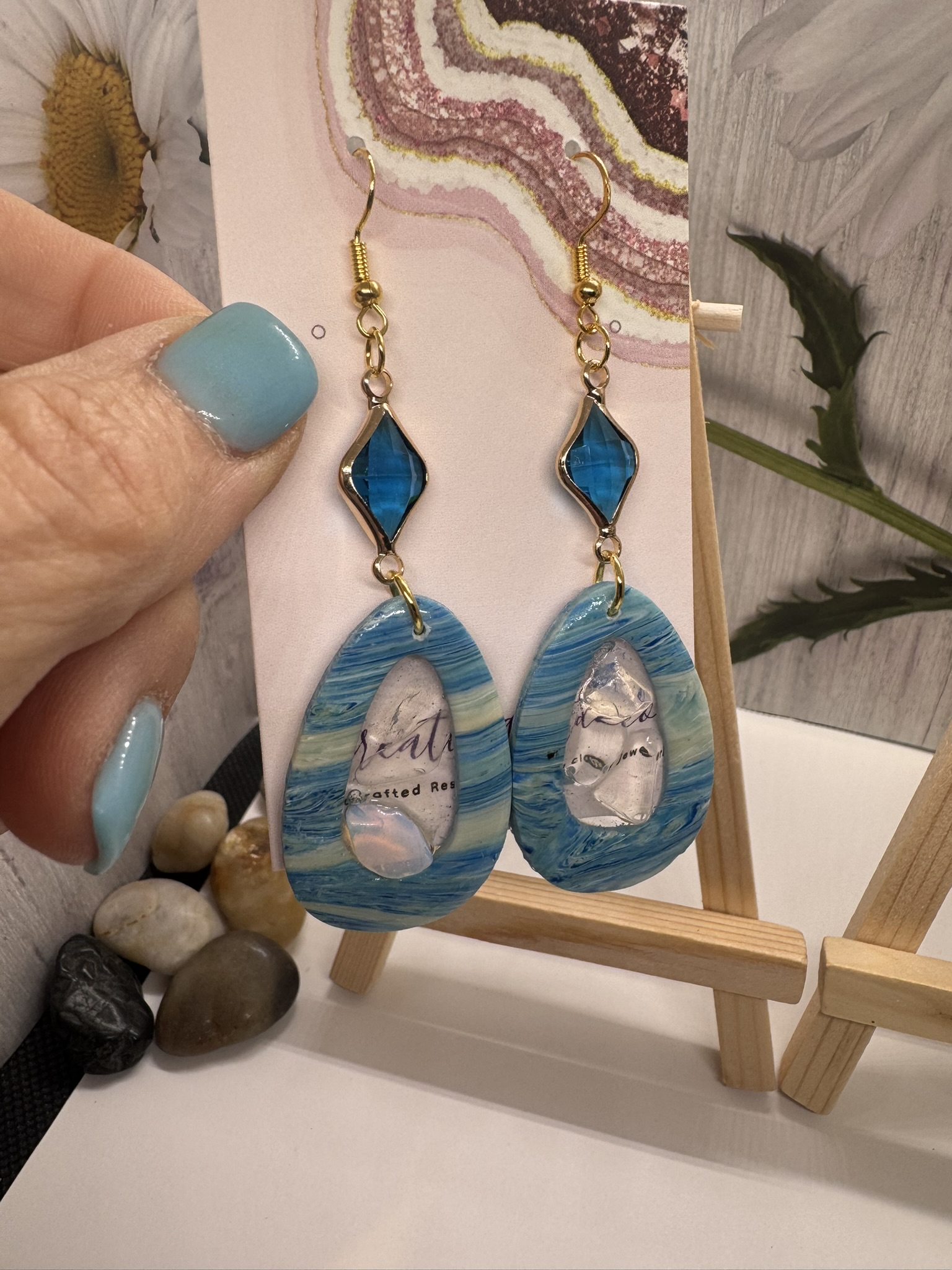Oval Faux Blue Scheelite with Genuine Moonstone in Resin with Glass Beads