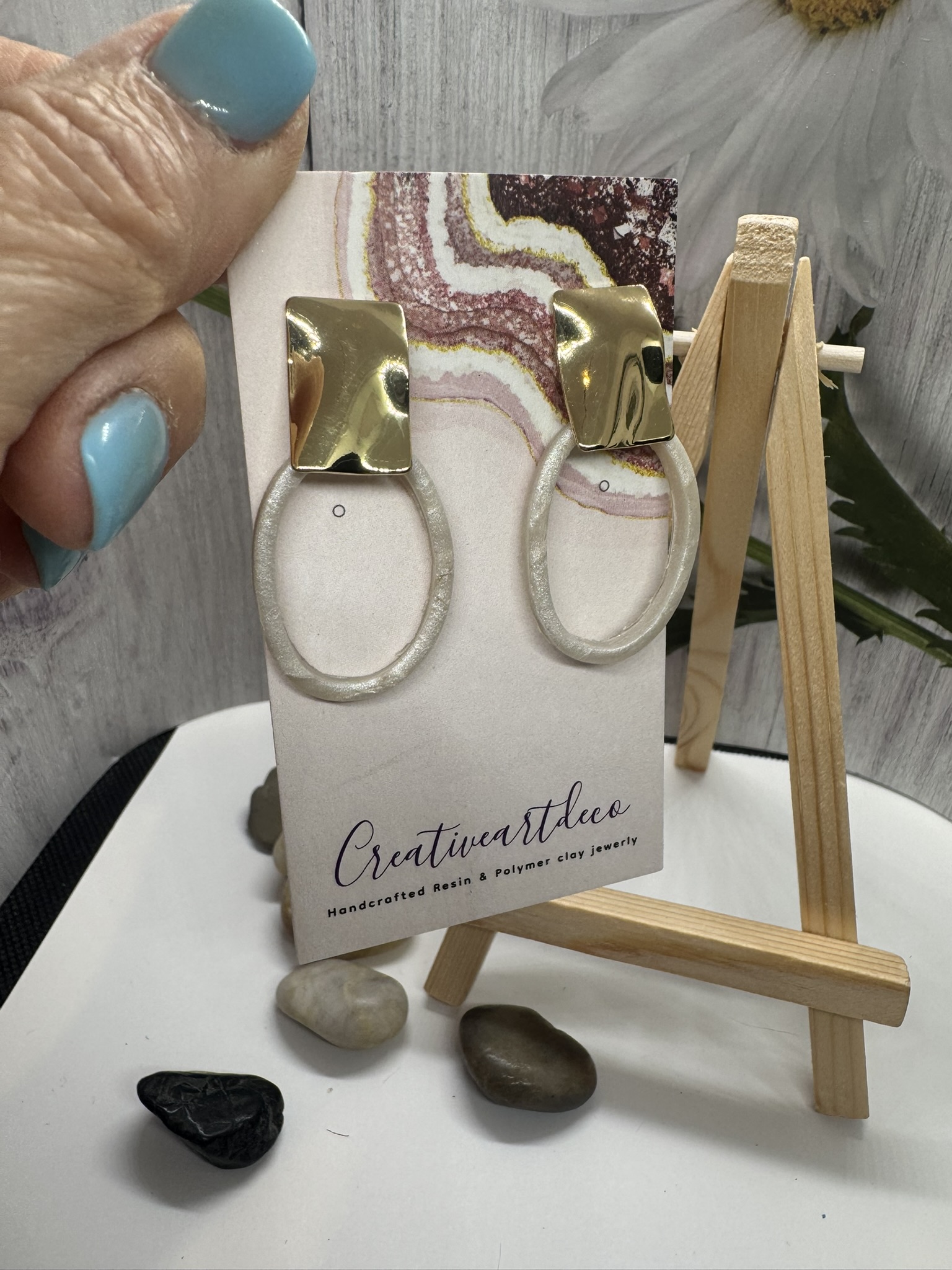 Faux Moonstone Open Ring with Hammered Post
