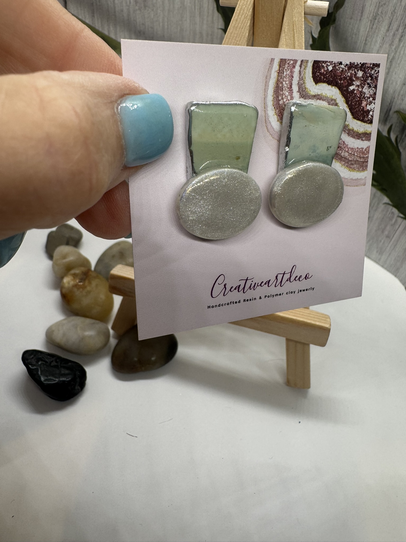 Geometric Faux Blue Scheelite and Faux Moonstone Earrings