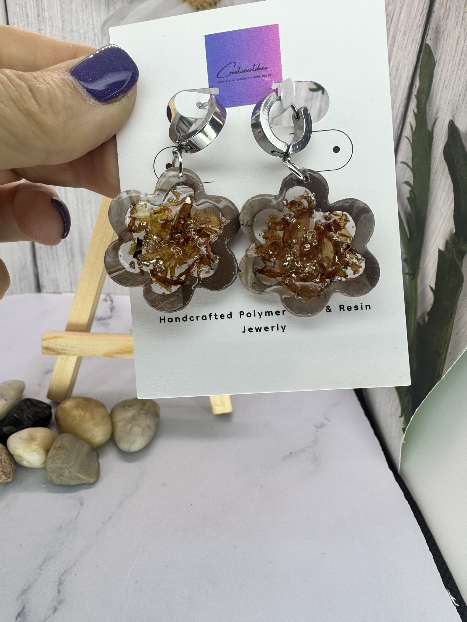 Faux Stone Flower with Resin and Dried Flower Center