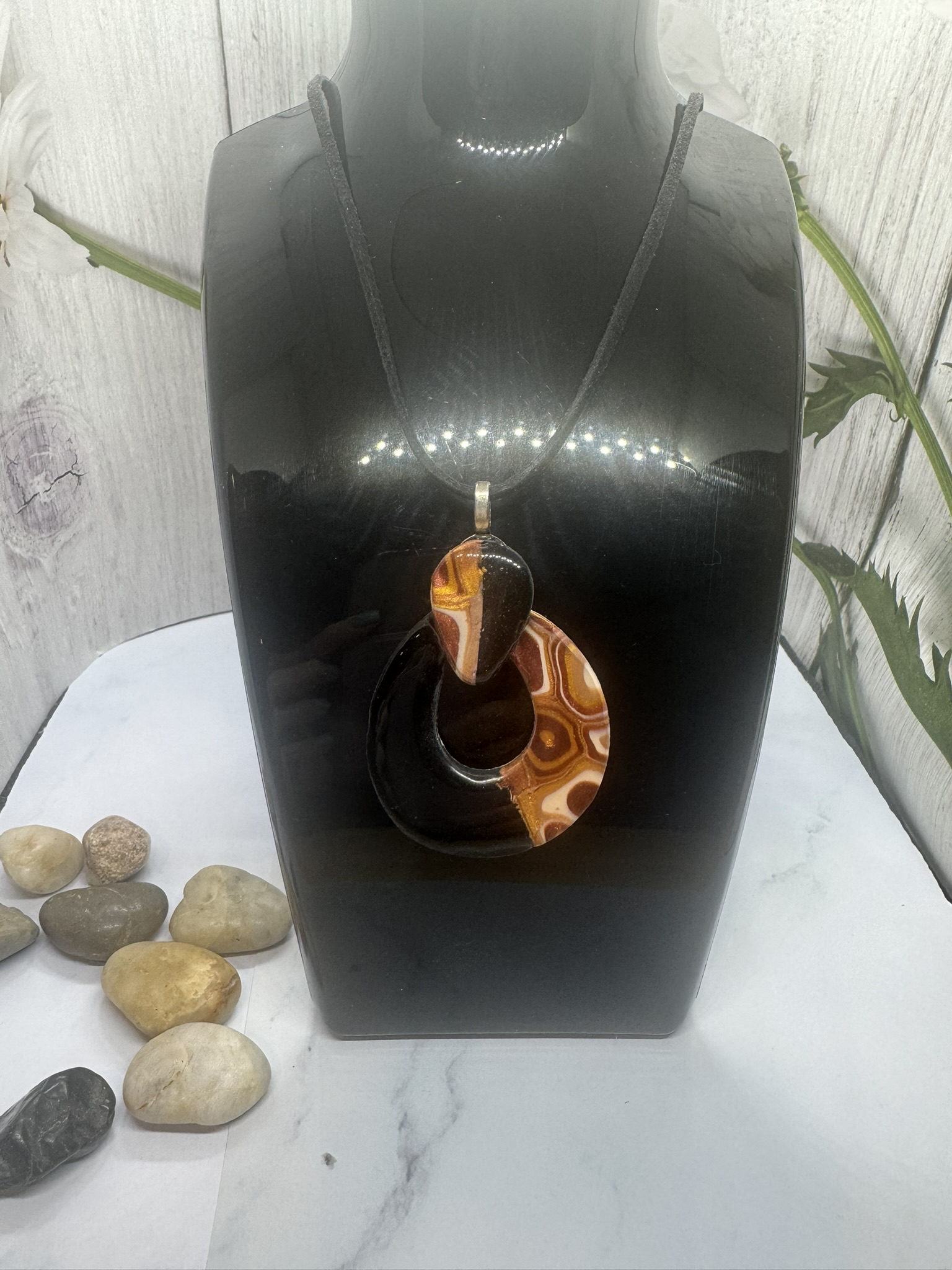 Faux Geo/Black Stone Clay Pendant
