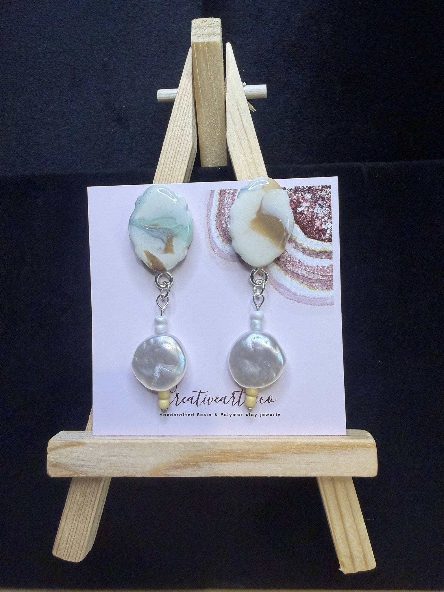 Marbled Clay and Pearl Dangle Earrings