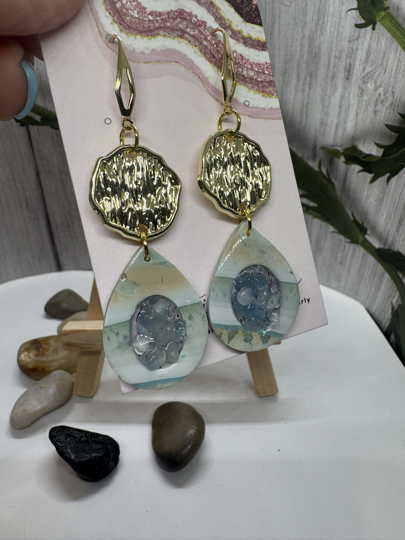 Textured Gold tone Metal and Faux Blue Scheelite and Resin Topaz Drop Earrings
