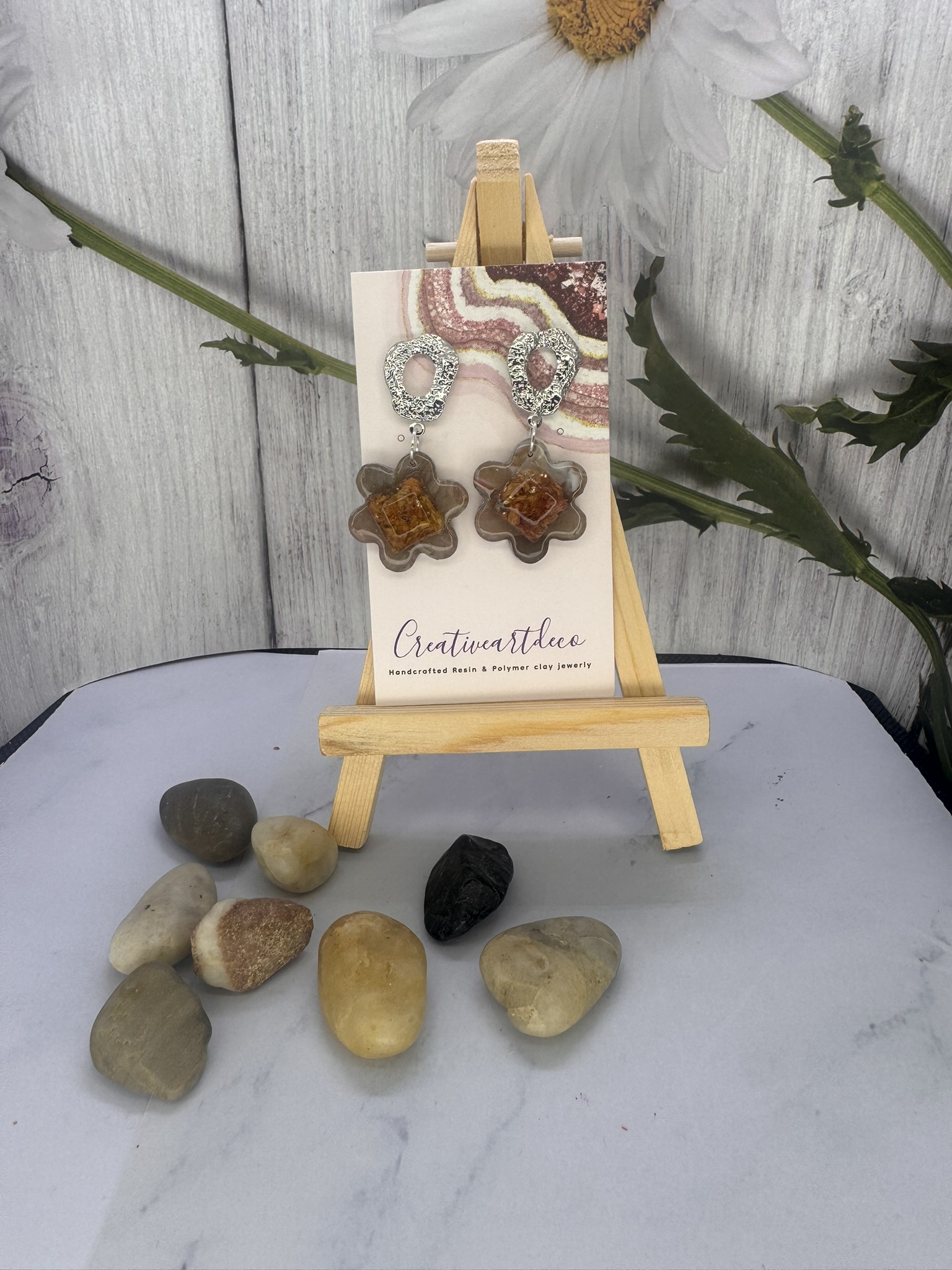 Faux Stone Flower with Dried Flowers and Resin Earrings