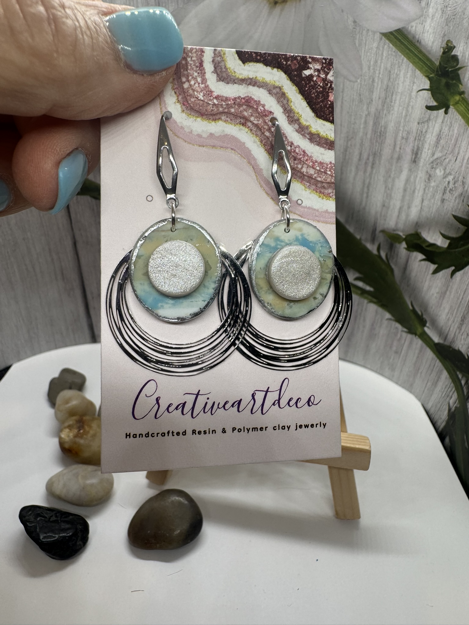 Contemporary Dangles with Faux moonstone and Faux blue scheelite