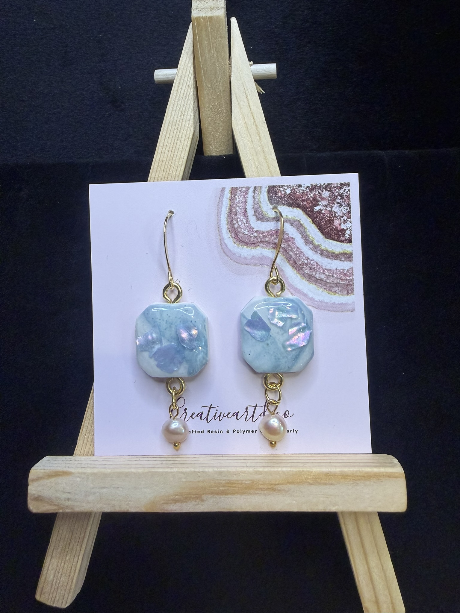 Marbled Clay and Pearl Dangle Earrings