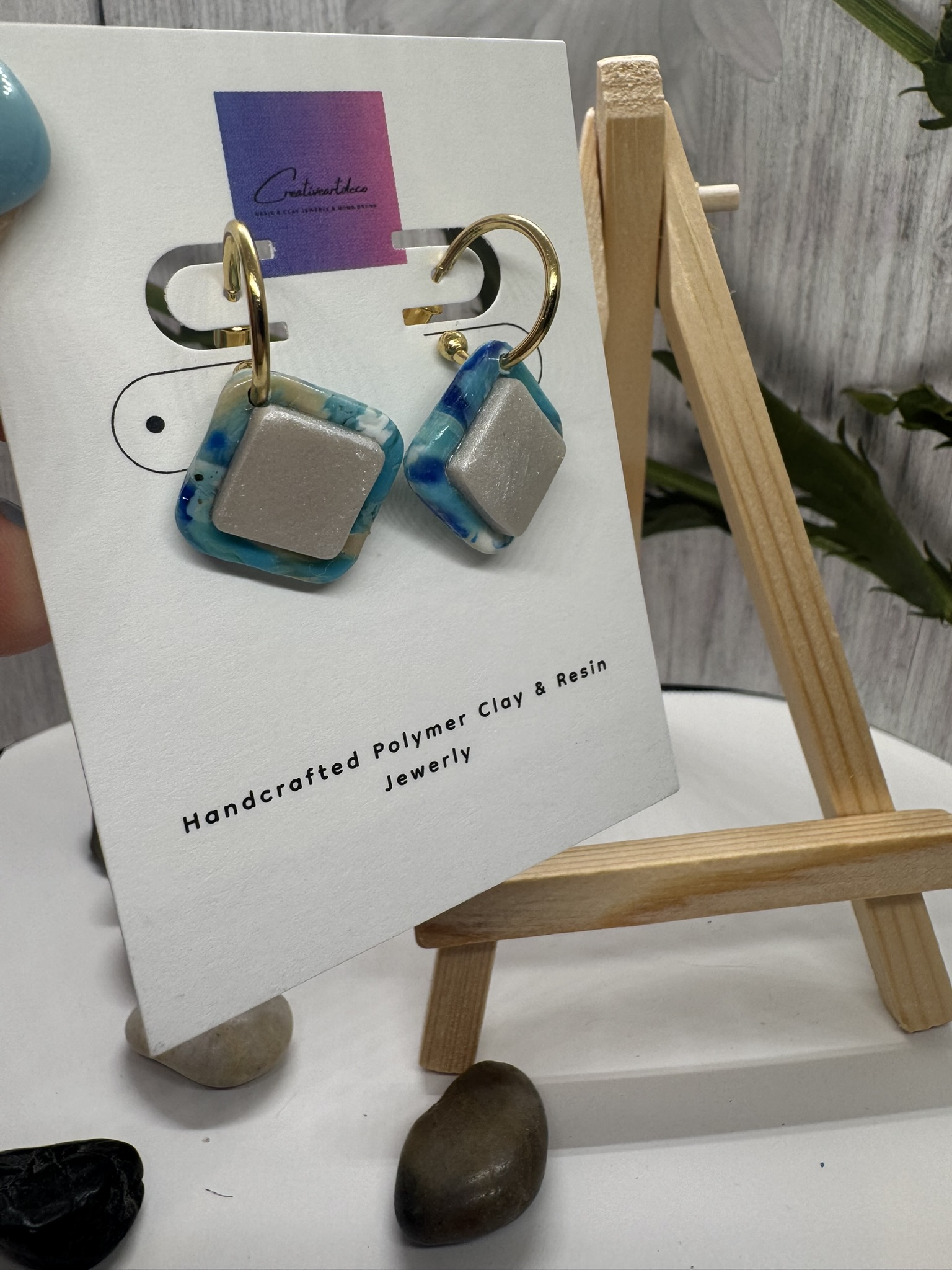 Bezel Blue Scheelite and Faux Moonstone Clay Earrings