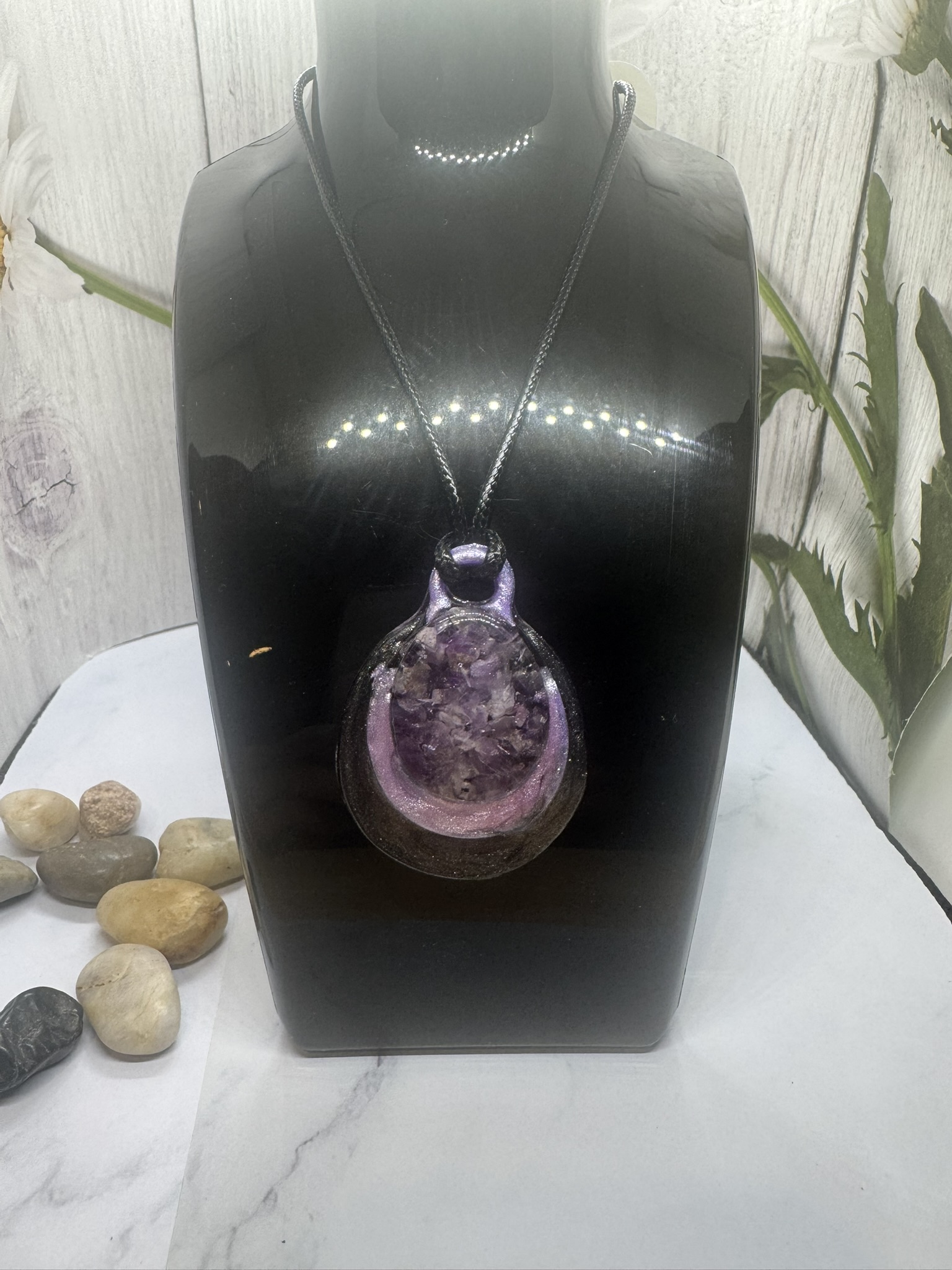 Purple and Black shimmering resin and Amythest stone Pendant