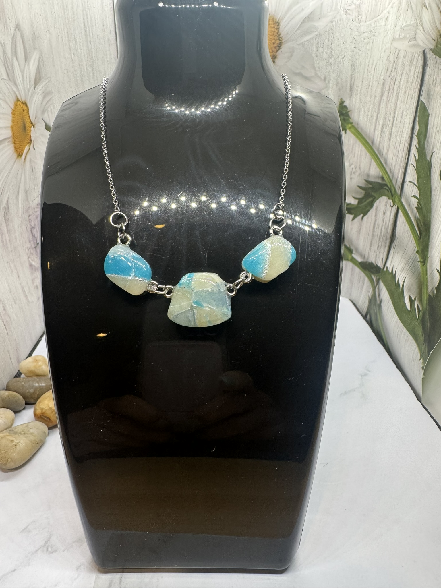 Elegant Blue and White Faux Stone Clay Pendant