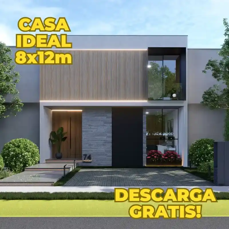 🏡 Descarga GRATIS Planos de Casa MODERNA 8x12m + Render de Fachada