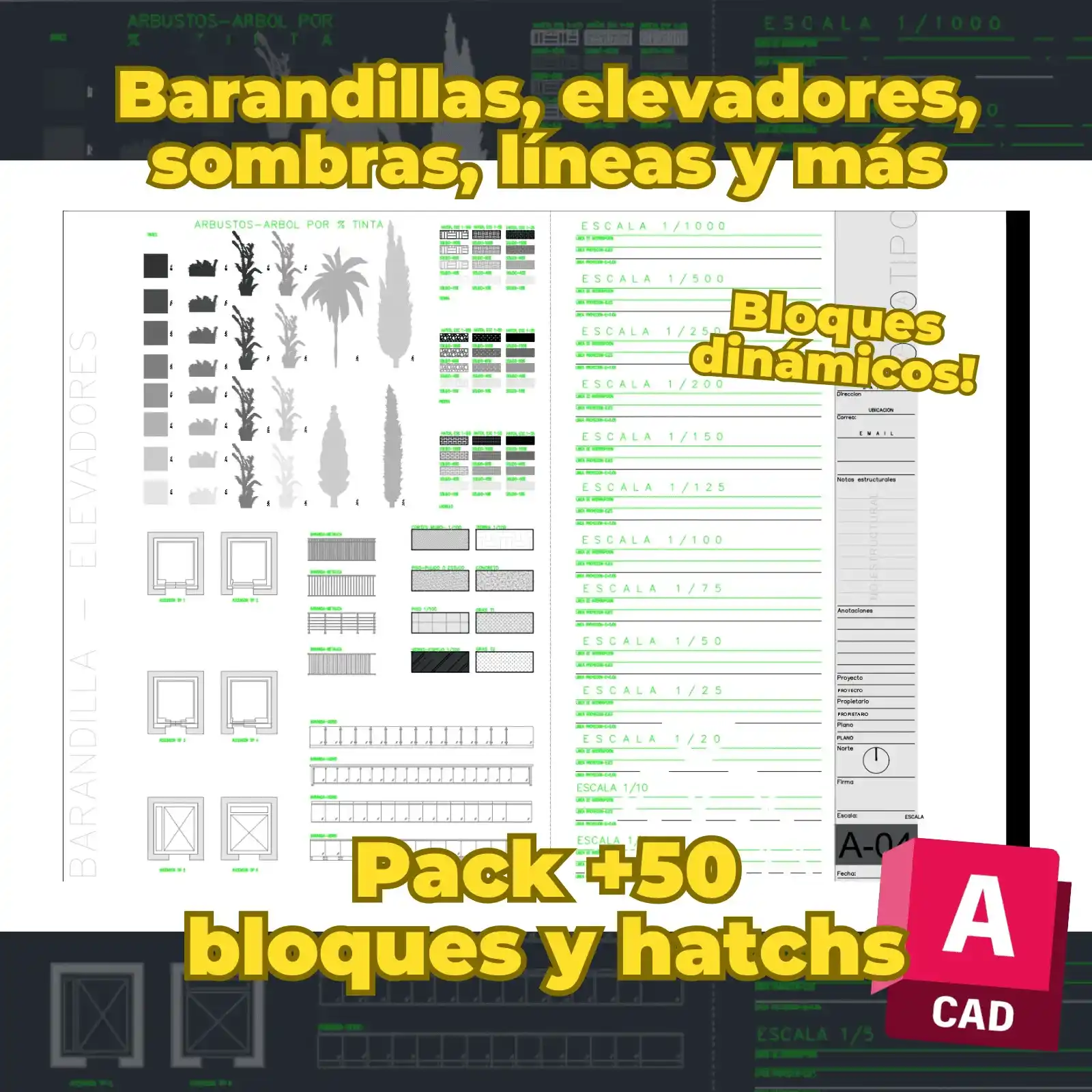 Pack Profesional de Bloques Dinámicos y Sombreados 2D para AutoCAD | +50 Barandillas, Elevadores y Hatches Listos para Usar
