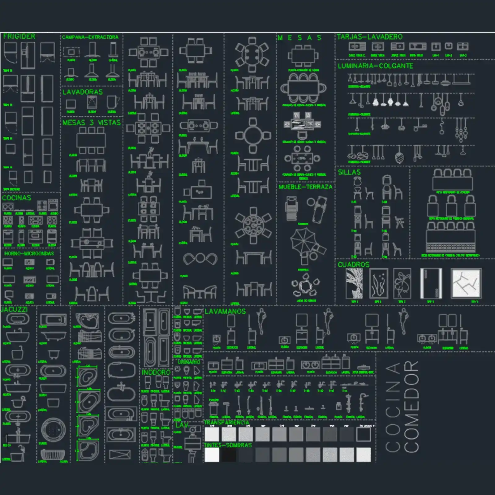 Pack Profesional de Bloques CAD para Cocina y Comedor | +100 Elementos Dinámicos y Sombreados 2D