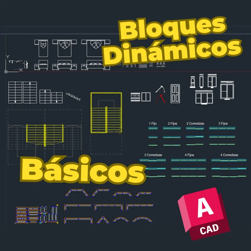 Bloques Dinámicos Básicos para AutoCAD | Plantilla Esencial de Arquitectura con Puertas, Ventanas, Recámaras y Escaleras