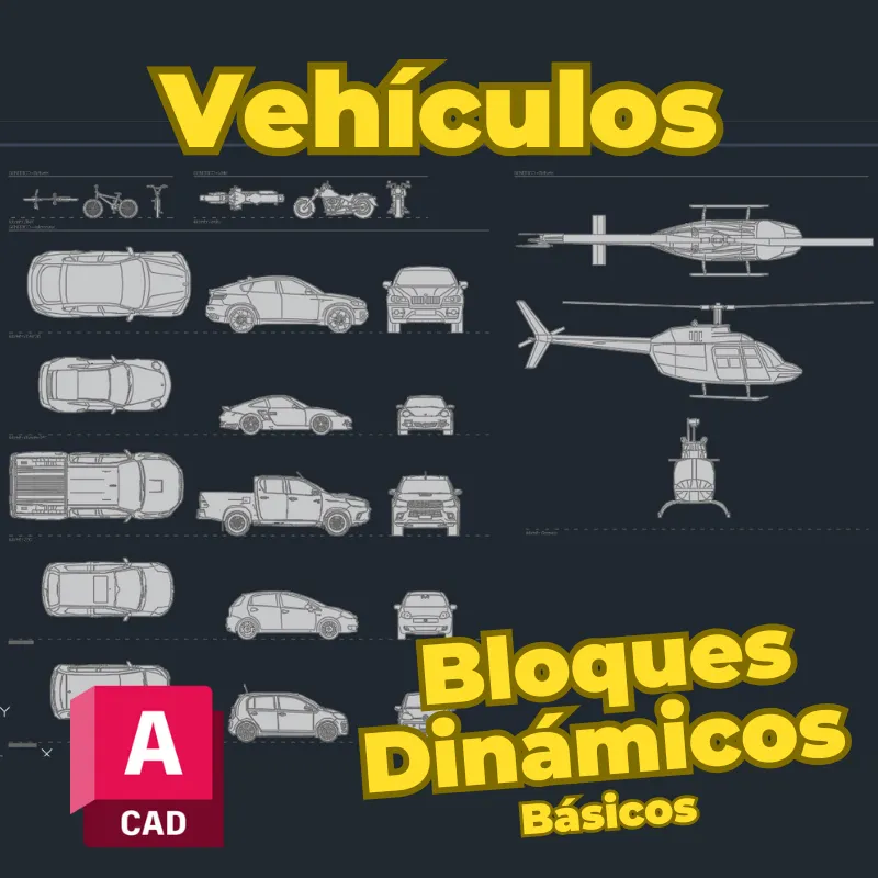 Bloques Dinámicos Básicos – Vehículos para AutoCAD | Biblioteca Esencial de Autos, Motos y Bicicletas a Escala Real