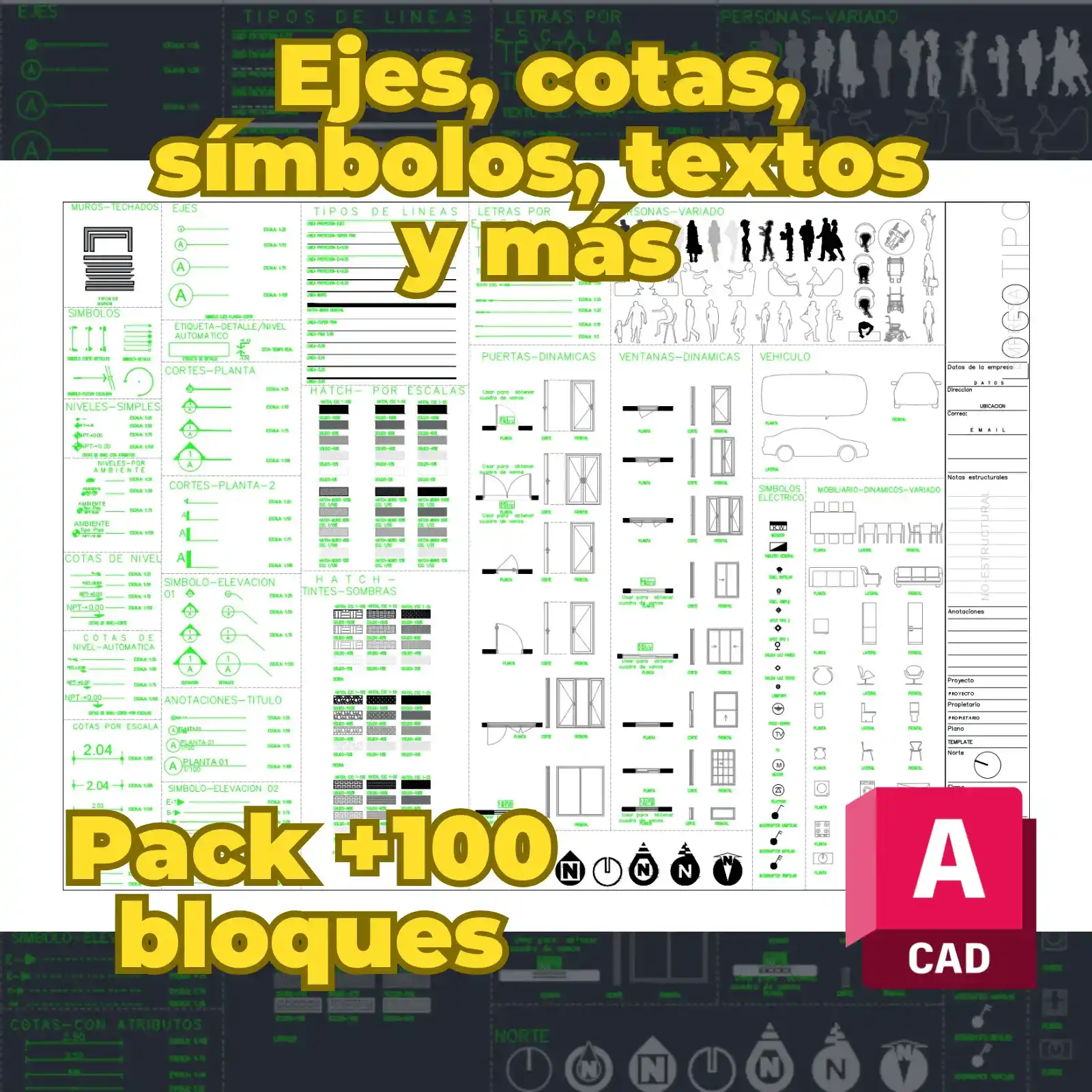 Pack Completo de Bloques Dinámicos para AutoCAD: +100 Ejes, Cotas, Símbolos y Textos | 100% Editables