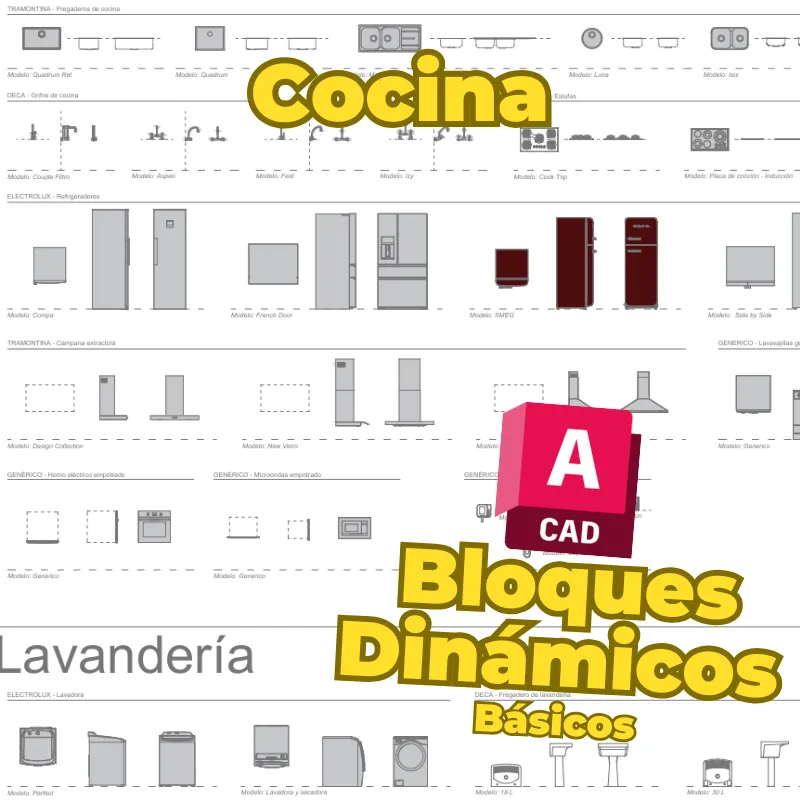 Bloques Dinámicos Básicos de Cocina para AutoCAD | Plantilla de Bloques de Electrodomésticos y Equipamiento Arquitectónico