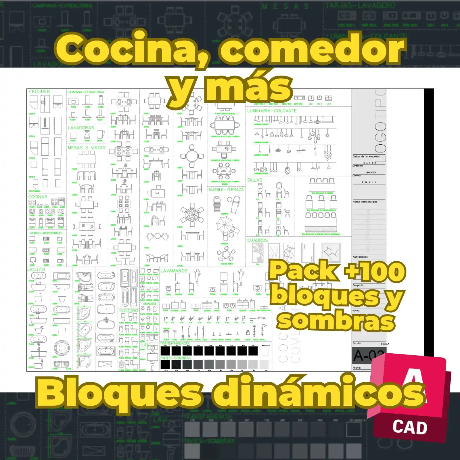Pack Profesional de Bloques CAD para Cocina y Comedor | +100 Elementos Dinámicos y Sombreados 2D