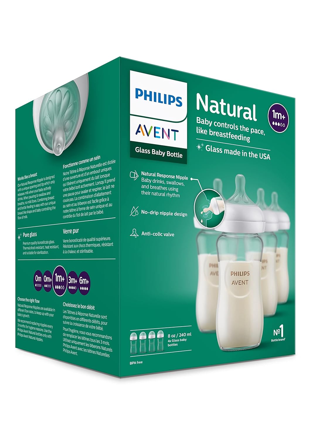  Philips AVENT Glass Natural Baby Bottle with Natural Response Nipple, Clear, 8oz, 4pk, SCY913/04 