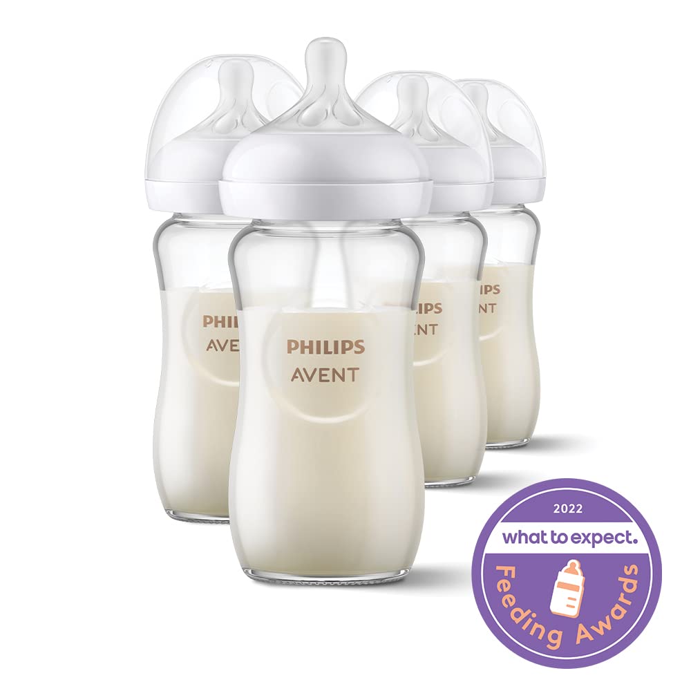  Philips AVENT Glass Natural Baby Bottle with Natural Response Nipple, Clear, 8oz, 4pk, SCY913/04 