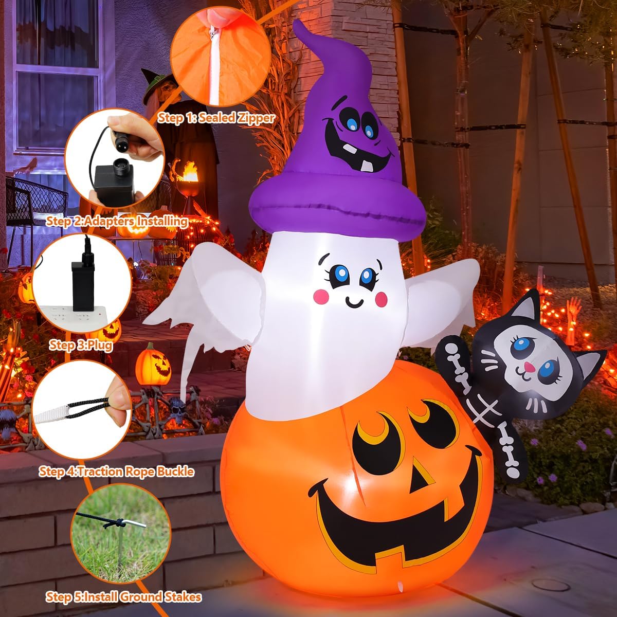 COMIN 5 FT Halloween Inflatables Pumpkin Ghost Cat Outdoor Decorations Blow Up Yard with Built-in LEDs for Indoor Party Garden Lawn Decor