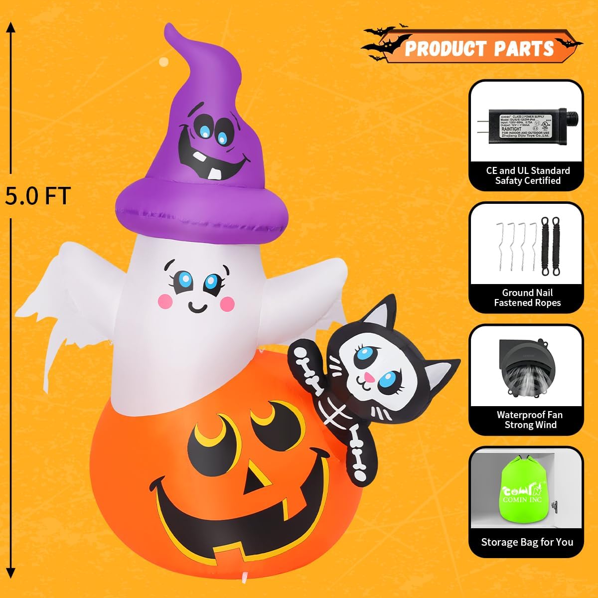 COMIN 5 FT Halloween Inflatables Pumpkin Ghost Cat Outdoor Decorations Blow Up Yard with Built-in LEDs for Indoor Party Garden Lawn Decor