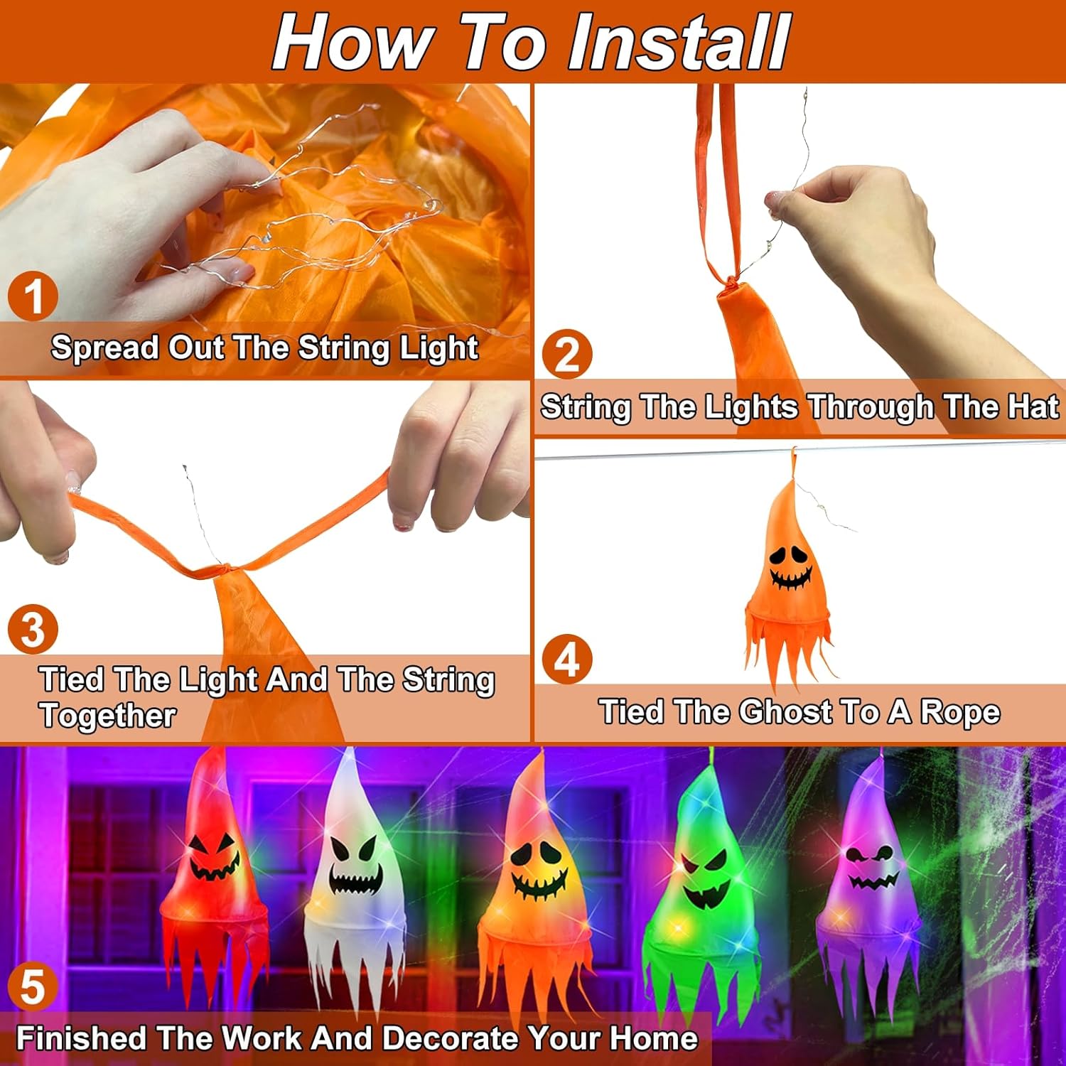 5 Pcs Halloween Decorations Outdoor Halloween Hanging Lighted Ghost Witch Hat Shapes 10LED 3.2Ft/Piece Colorful Halloween String Lights Battery Operated for Tree Outside Indoor Yard Garden Party Decor