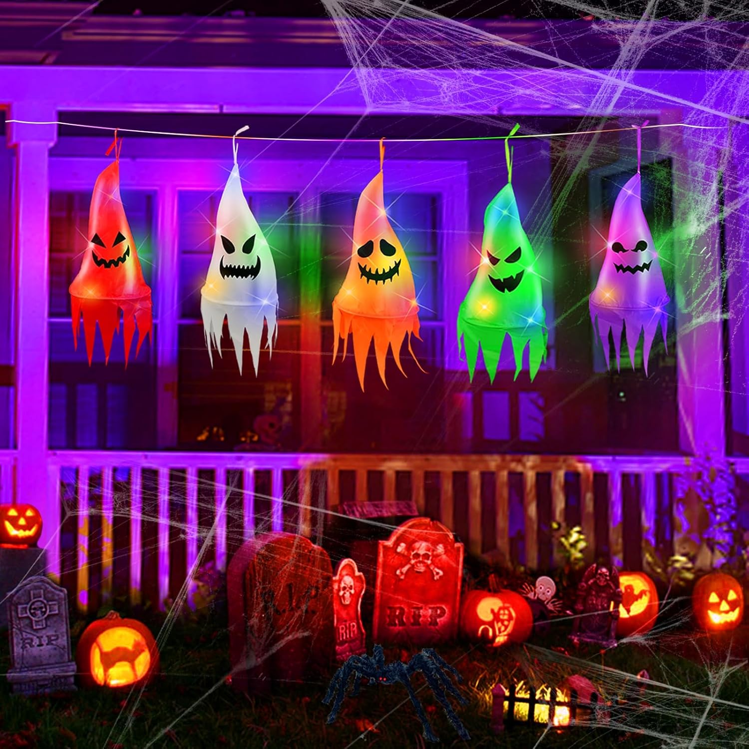 5 Pcs Halloween Decorations Outdoor Halloween Hanging Lighted Ghost Witch Hat Shapes 10LED 3.2Ft/Piece Colorful Halloween String Lights Battery Operated for Tree Outside Indoor Yard Garden Party Decor