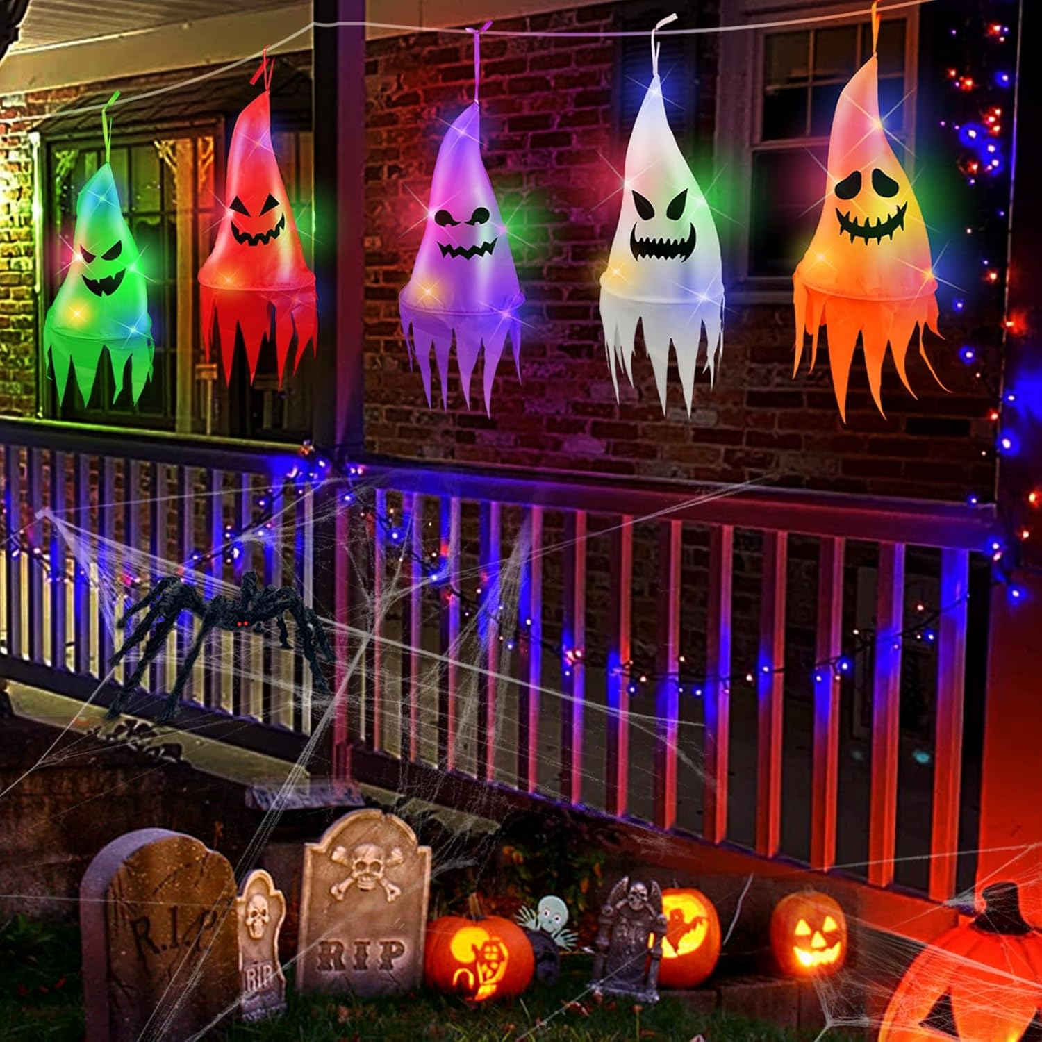 5 Pcs Halloween Decorations Outdoor Halloween Hanging Lighted Ghost Witch Hat Shapes 10LED 3.2Ft/Piece Colorful Halloween String Lights Battery Operated for Tree Outside Indoor Yard Garden Party Decor