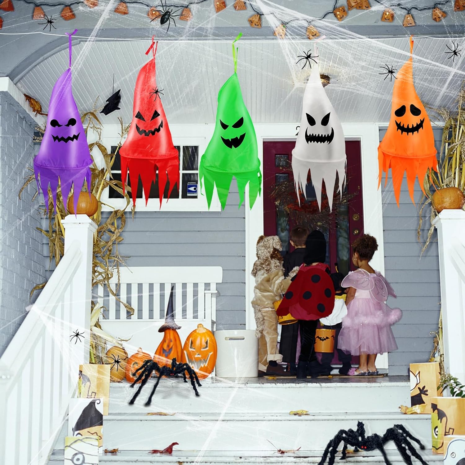 5 Pcs Halloween Decorations Outdoor Halloween Hanging Lighted Ghost Witch Hat Shapes 10LED 3.2Ft/Piece Colorful Halloween String Lights Battery Operated for Tree Outside Indoor Yard Garden Party Decor