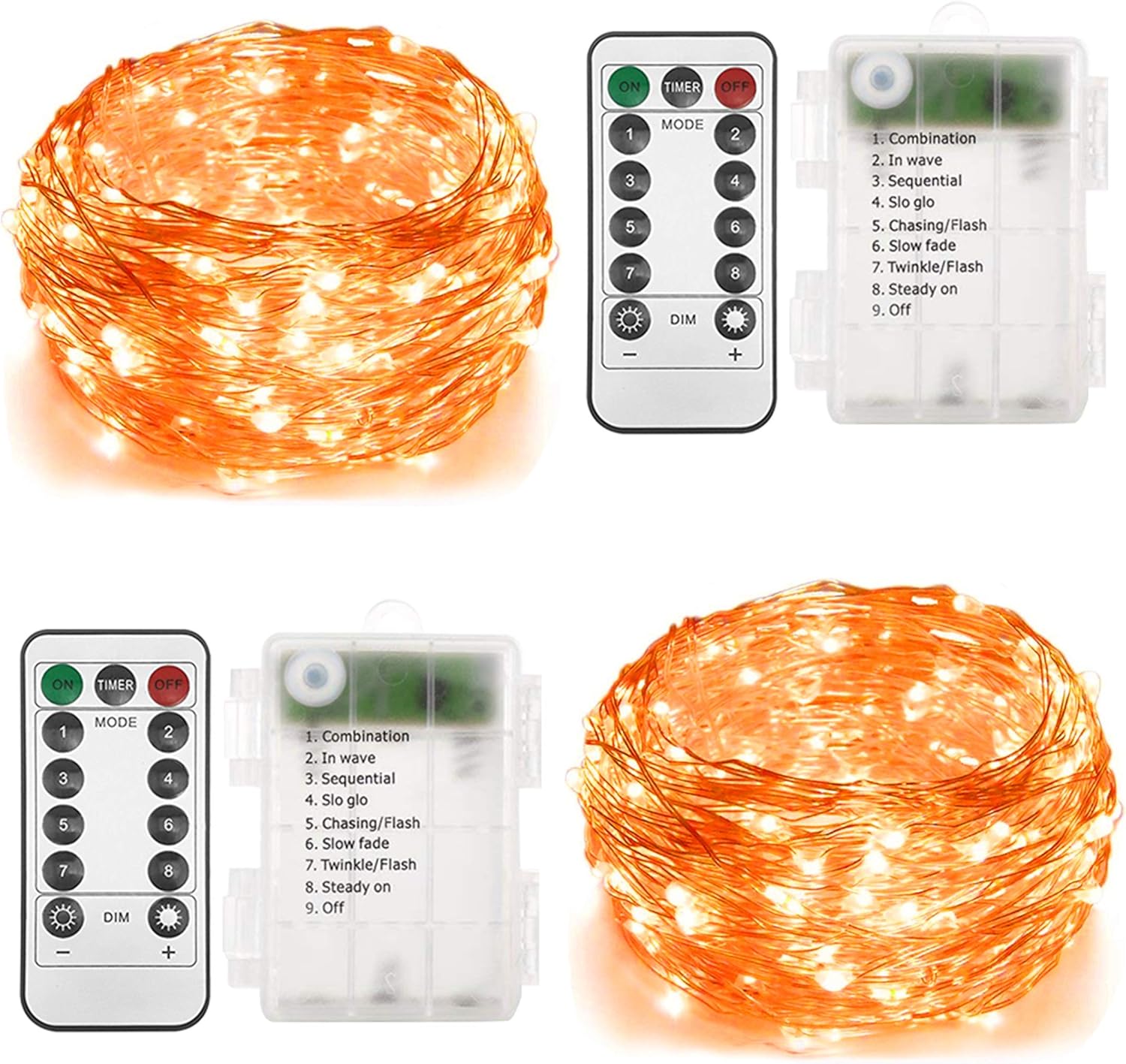 Twinkle Star 2 Pack Orange Halloween Fairy Lights Battery Operated, 33 ft 100 Led String Lights Remote Control Timer Silver String Light 8 Modes Firefly Christmas Lights for Garden Party Indoor Decor