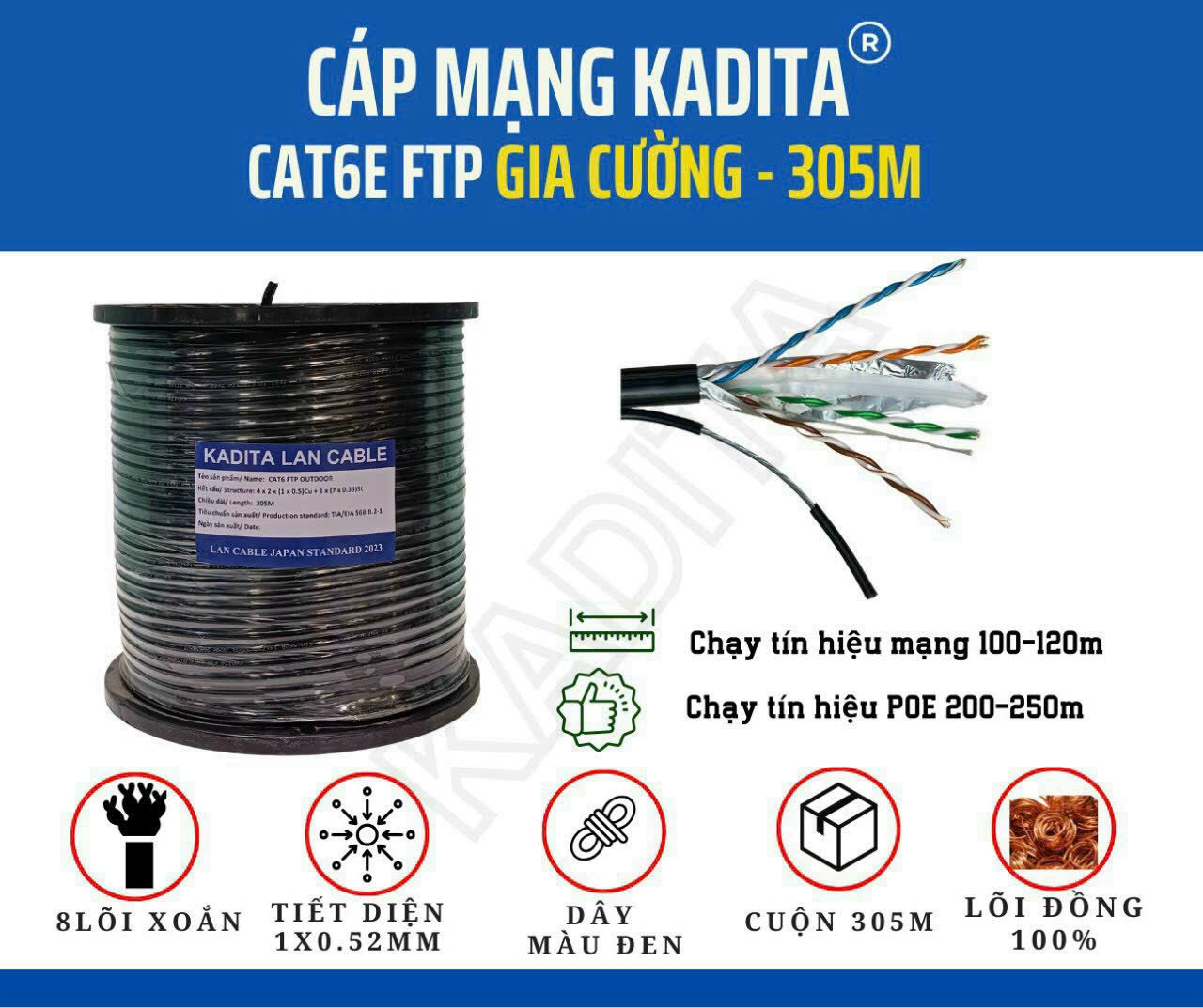 Cuộn 305m Cáp mạng ngoài trời Cat6 Kadita lõi đồng nguyên chất có cáp gia cường treo dây