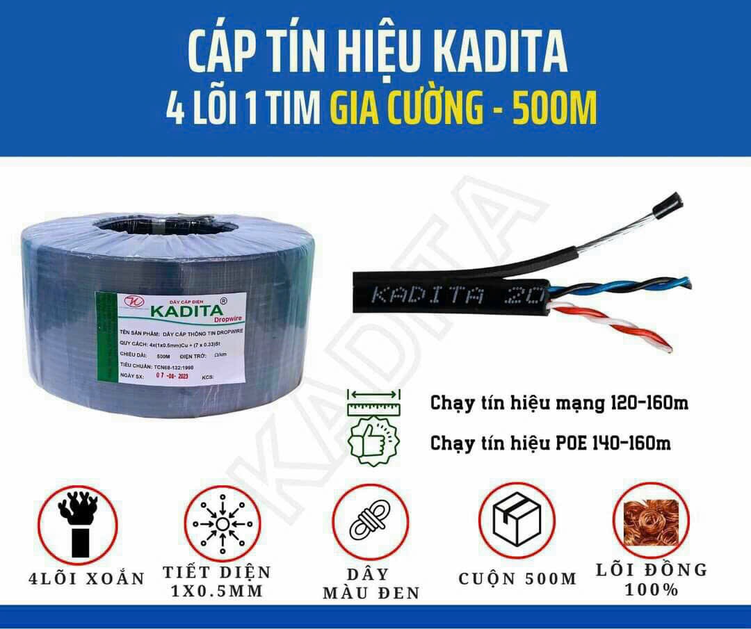 Cuộn 500m cáp Kadita 4 lõi đồng nguyên chất có cáp treo dây