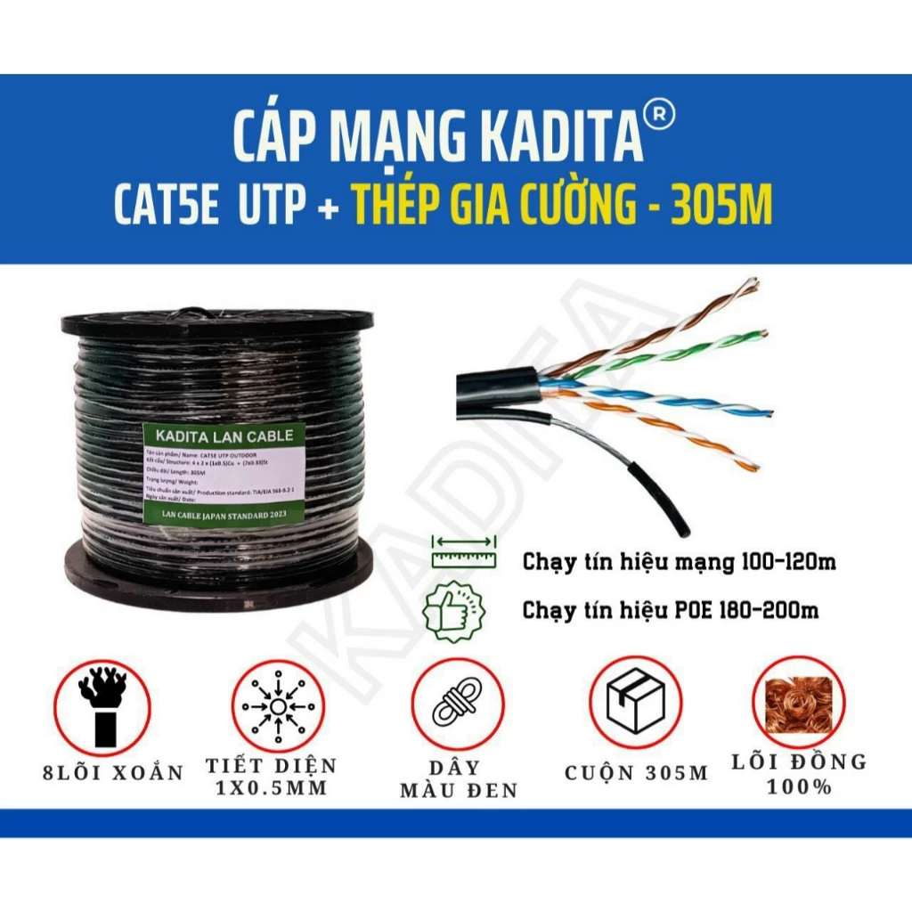 Cuộn 305m Cáp mạng ngoài trời Cat5E UTP Kadita lõi đồng nguyên chất có cáp gia cường treo dây