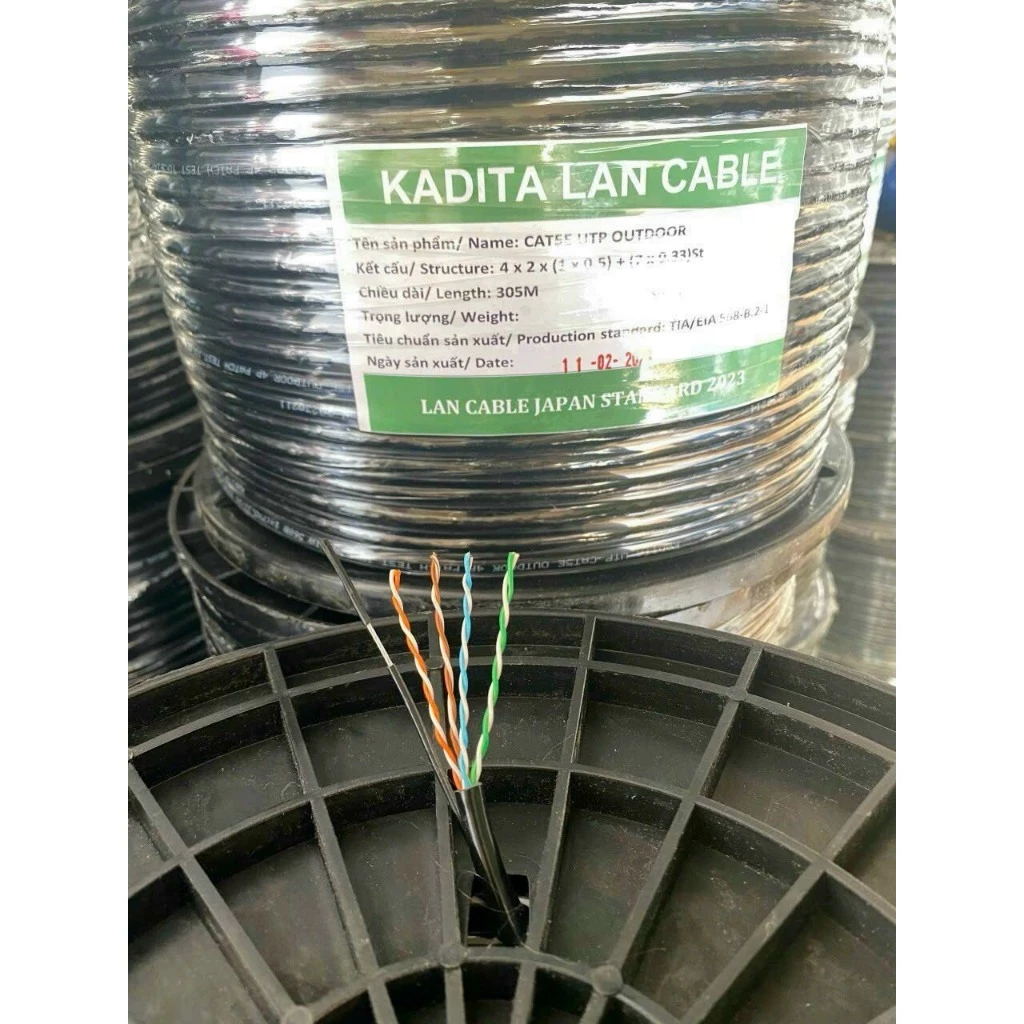Cuộn 305m Cáp mạng ngoài trời Cat5E UTP Kadita lõi đồng nguyên chất có cáp gia cường treo dây