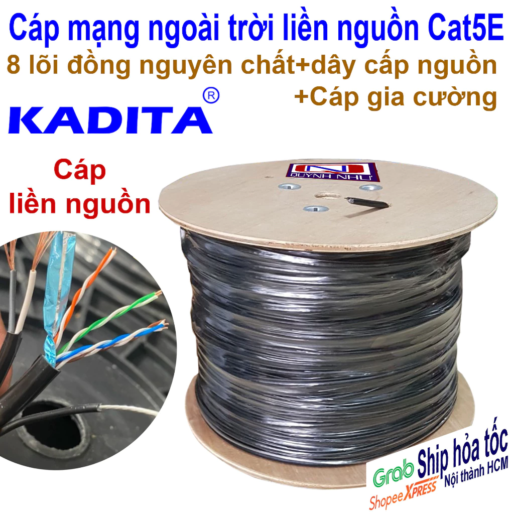 Cuộn 305m Cáp mạng ngoài trời liền nguồn Cat5E FTP Kadita lõi đồng nguyên chất có cáp gia cường treo dây
