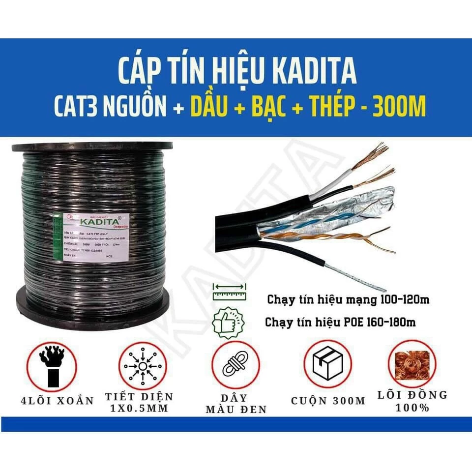 Cuộn 300m Cáp mạng ngoài trời 4 lõi đồng liền nguồn Cat3 FTP Kadita có dầu Jelly chống ẩm và cáp gia cường treo dây
