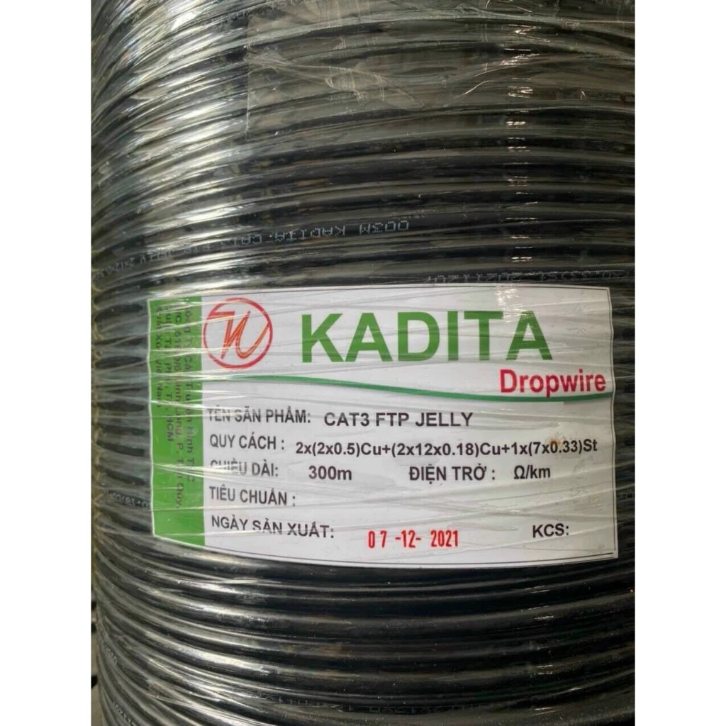 Cuộn 300m Cáp mạng ngoài trời 4 lõi đồng liền nguồn Cat3 FTP Kadita có dầu Jelly chống ẩm và cáp gia cường treo dây