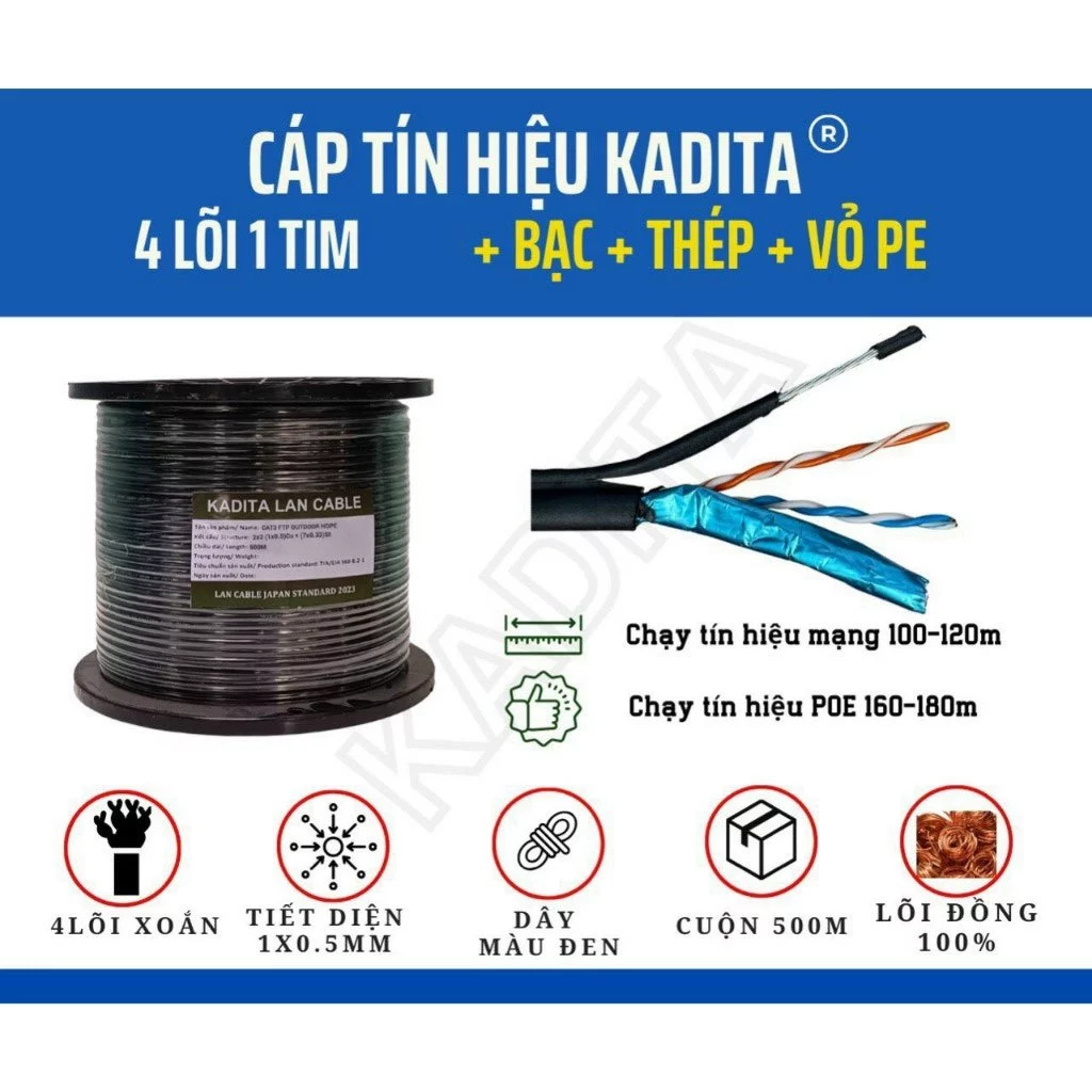 Cuộn 500m cáp FTP HDPE chống nhiễu Kadita 4 lõi đồng nguyên chất có cáp treo dây