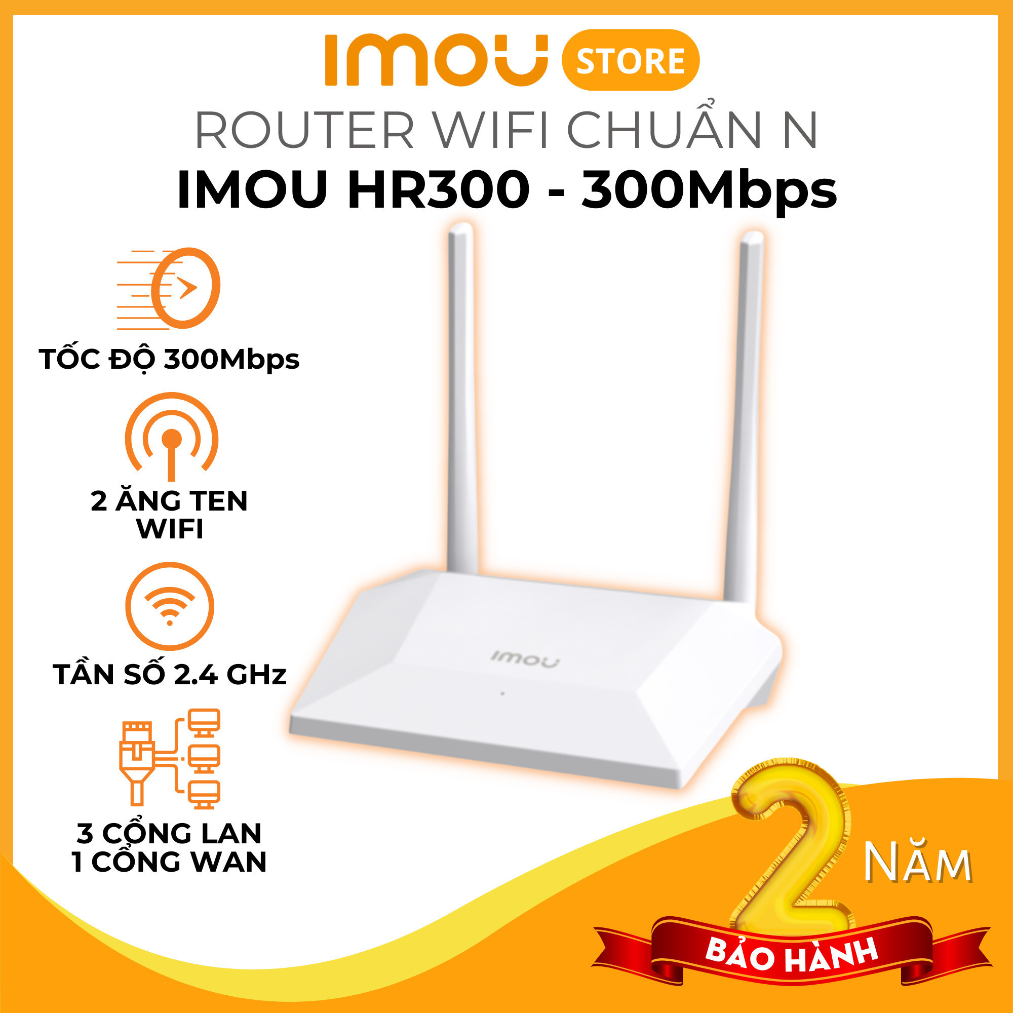 Bộ Phát Wifi IMOU HR300 (2 anten 3dBi, 300Mbps, MU-MIMO, Repeater, 3LAN, 12 user)
