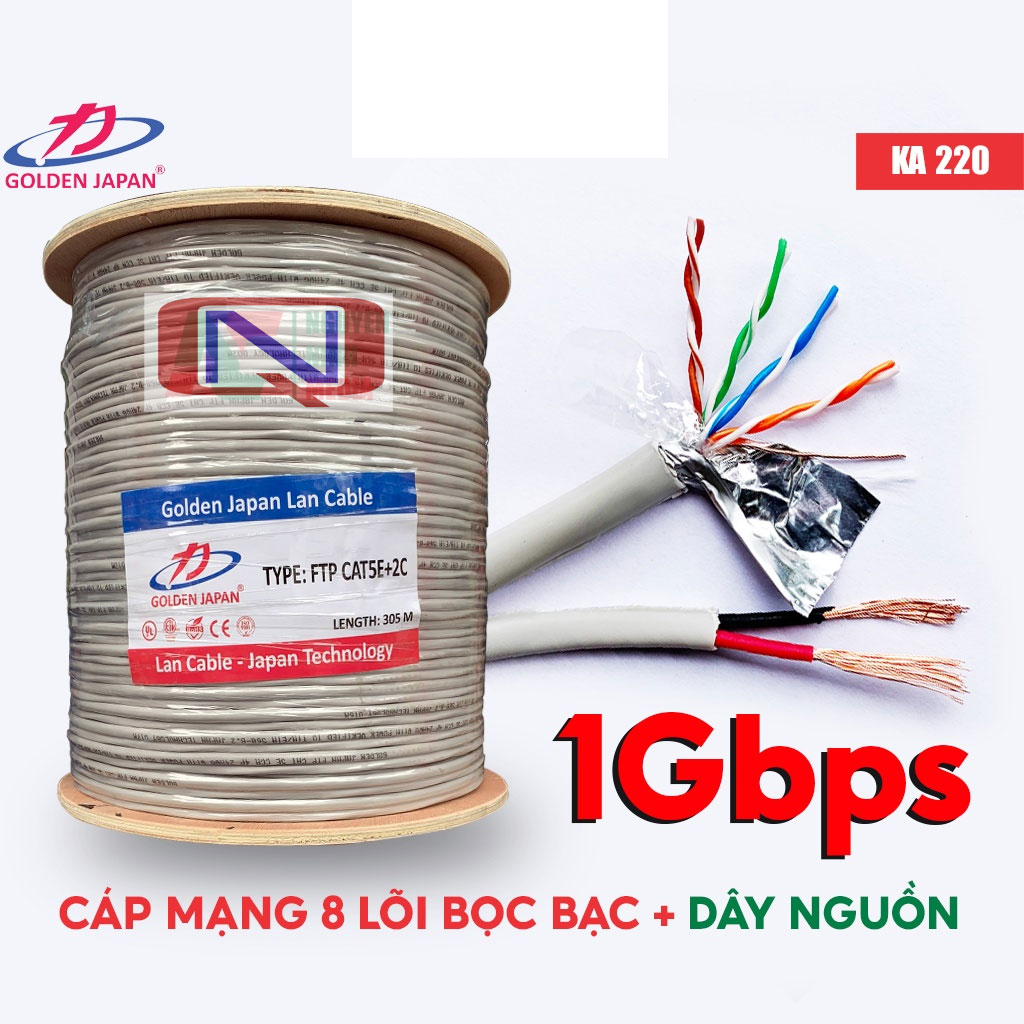 Dây Cáp MạnLiền Nguồn Golden Japan Cat5e FTP + 2C Bọc Bạc Chống Nhiễu - Hàng Chính Hãng