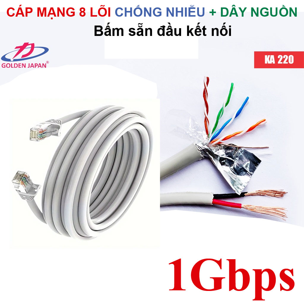 10m đến 100m Cáp Mạng Liền Nguồn  Golden Japan Cat5e FTP + 2C Bọc Bạc Chống Nhiễu - Hàng Chính Hãng