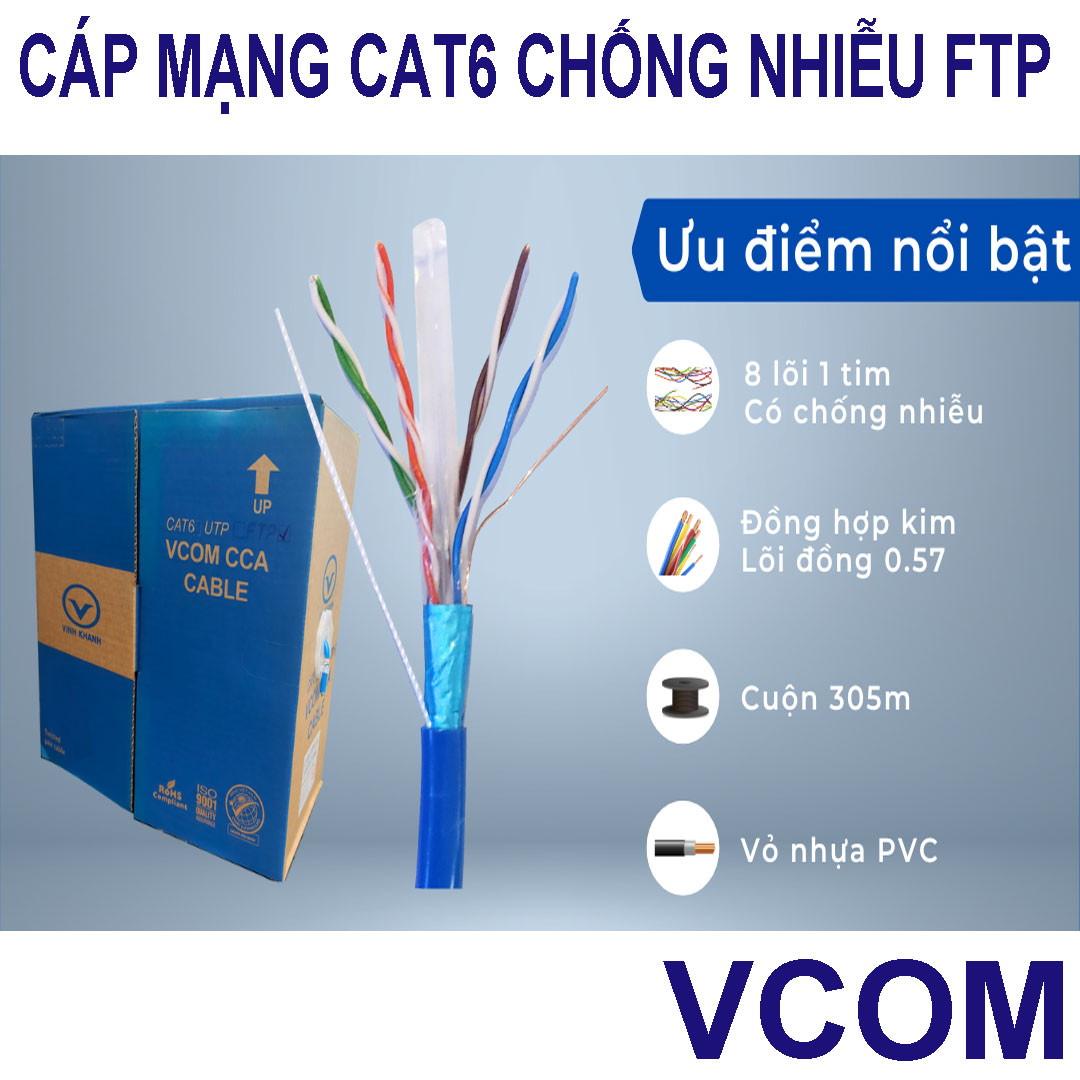 Cuộn 10m đến 100m Cáp mạng Cat6 FTP chống nhiễu VCOM bấm sẵn đầu